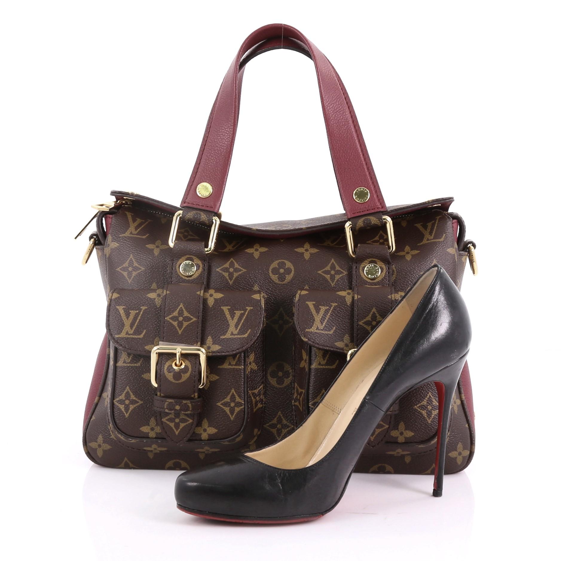 This Louis Vuitton Manhattan NM Handbag Monogram Canvas with Leather, crafted in brown monogram coated canvas with purple leather, features dual flat leather handles, two exterior front flap pockets with buckle closure and gold-tone hardware. Its