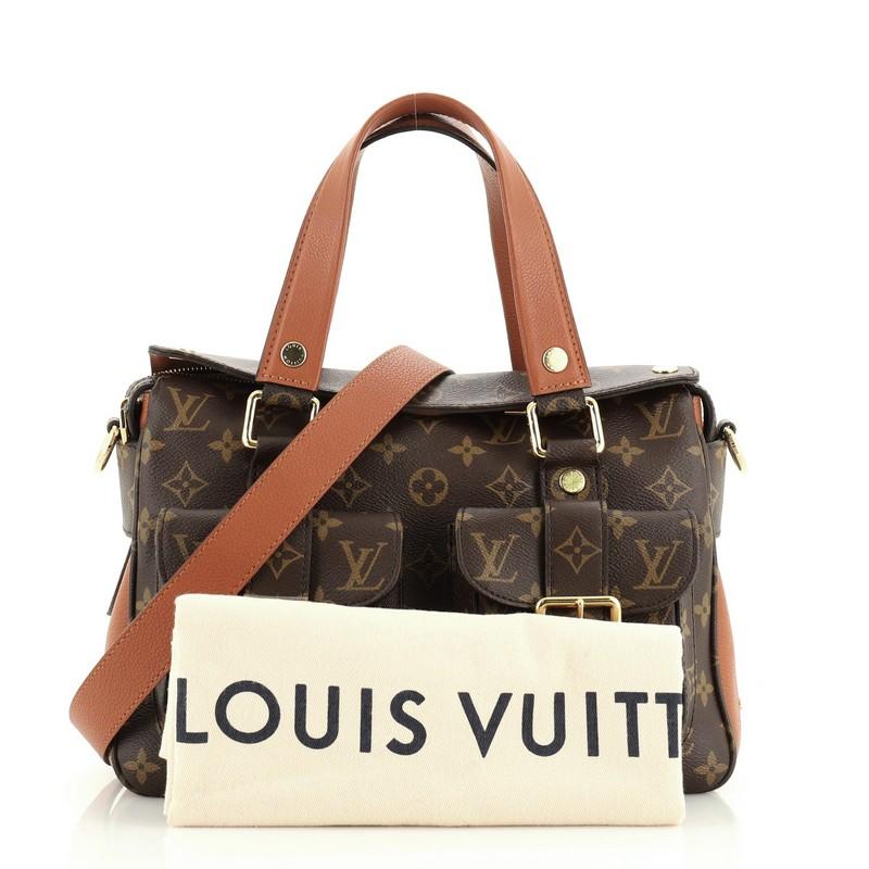 This Louis Vuitton Manhattan NM Handbag Monogram Canvas with Leather, crafted in brown monogram coated canvas with leather, features dual flat leather handles, two exterior front flap pockets with buckle closure, and gold-tone hardware. Its magnetic