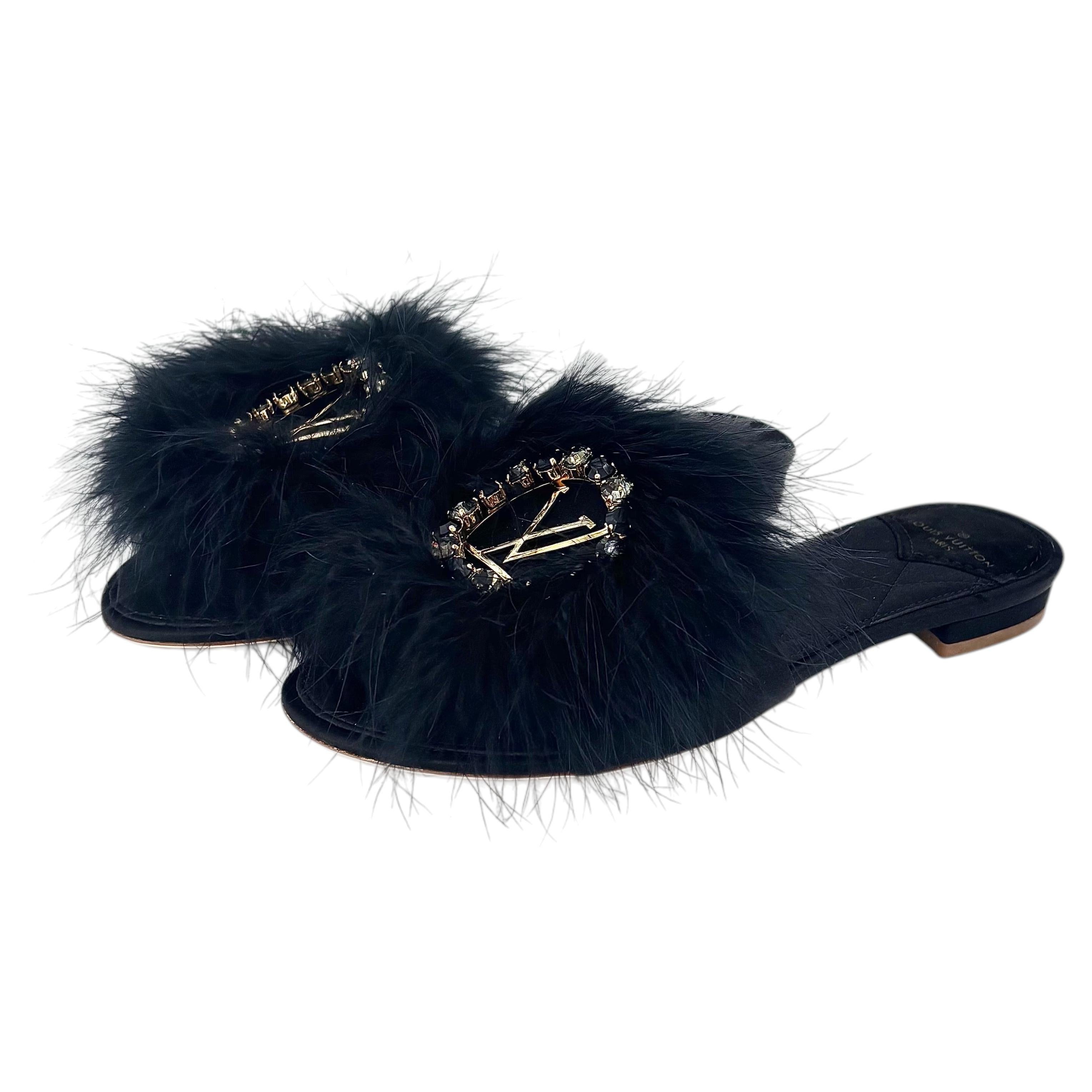 Louis Vuitton Marabou LV Logo Crystals Marilyn Slip On Mules 37 For Sale