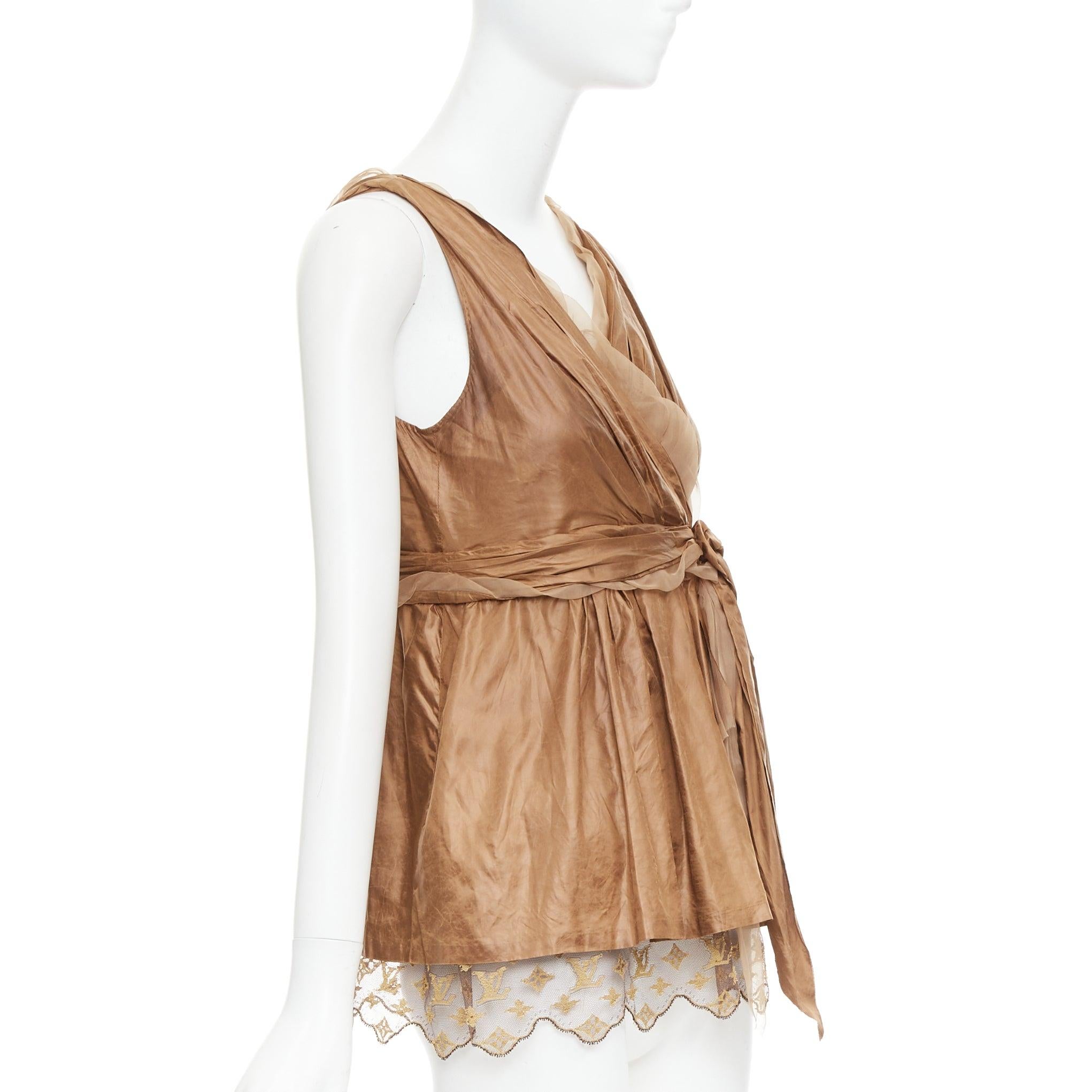 Brown LOUIS VUITTON Marc Jacobs bronze monogram silk lace rosette wrap top FR38 M For Sale
