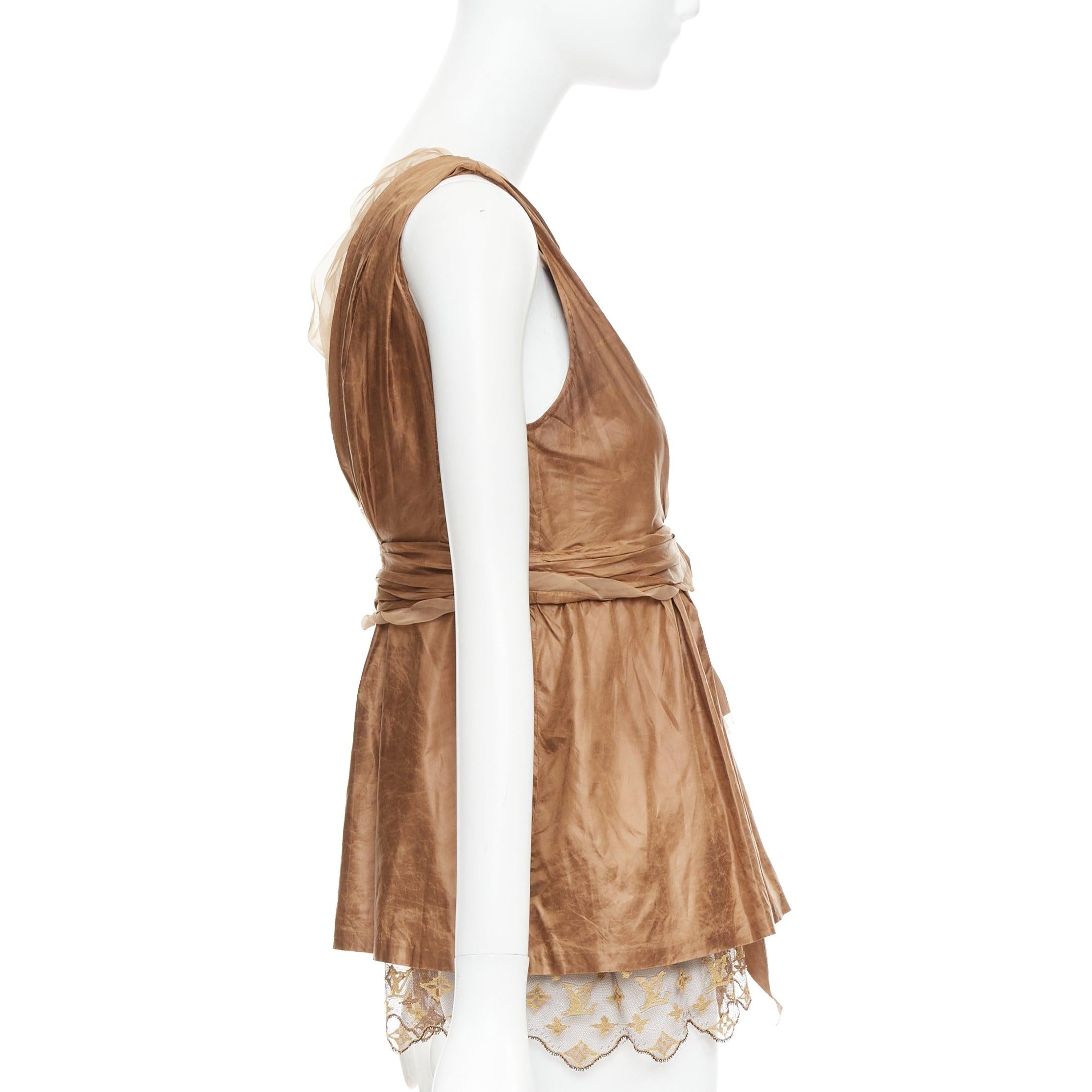 LOUIS VUITTON Marc Jacobs bronze monogram silk lace rosette wrap top FR38 M In Good Condition For Sale In Hong Kong, NT
