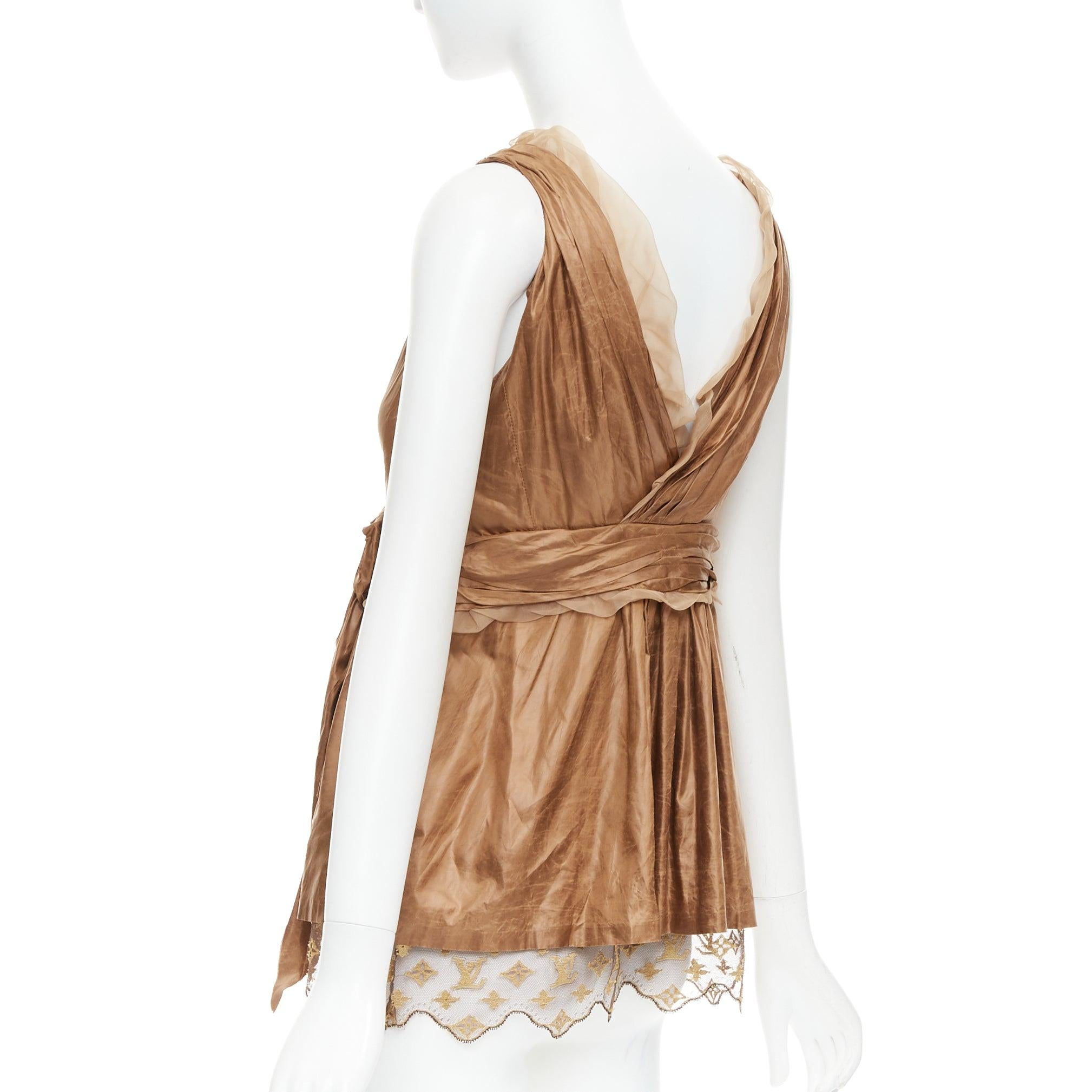 LOUIS VUITTON Marc Jacobs bronze monogram silk lace rosette wrap top FR38 M For Sale 1