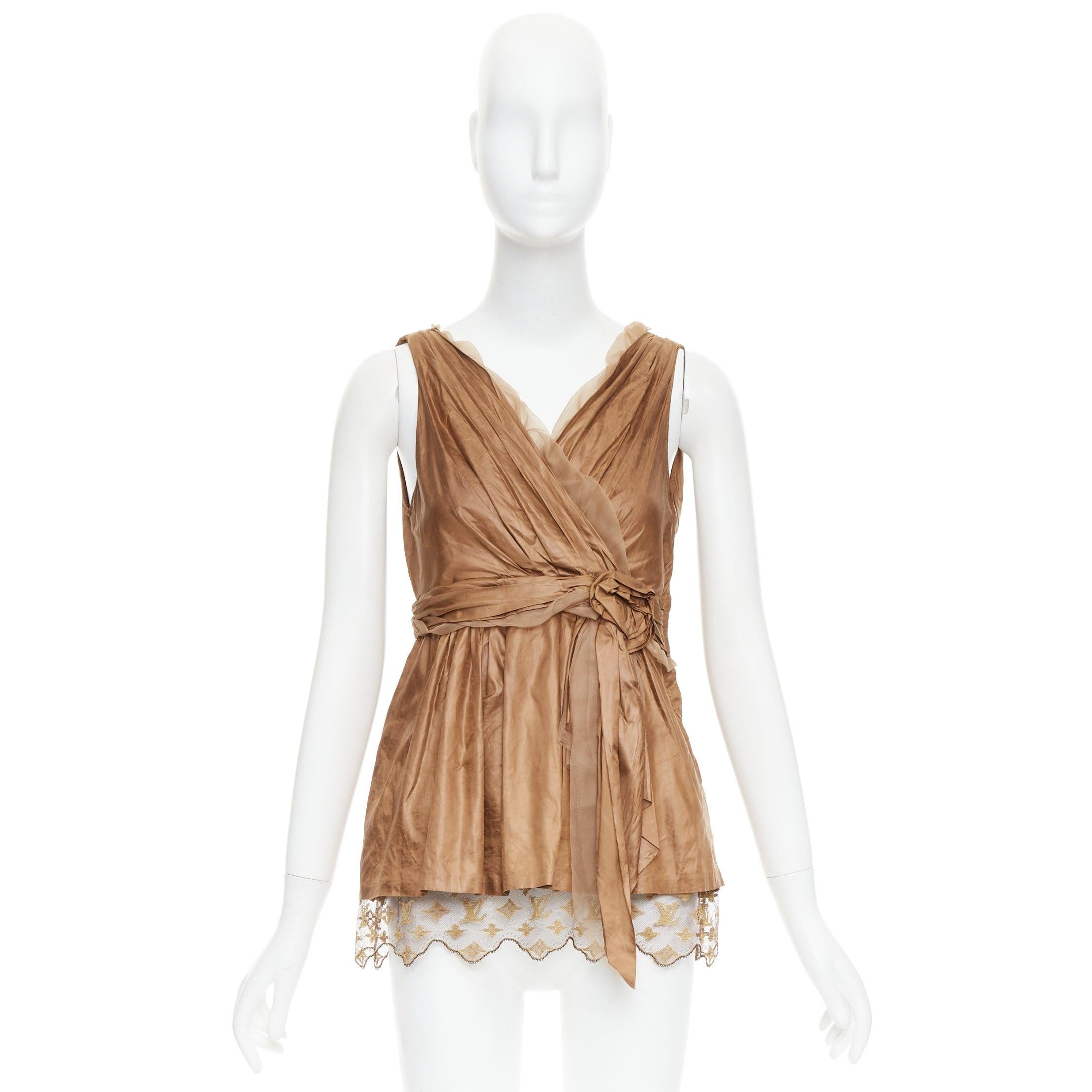 LOUIS VUITTON Marc Jacobs bronze monogram silk lace rosette wrap top FR38 M For Sale 4
