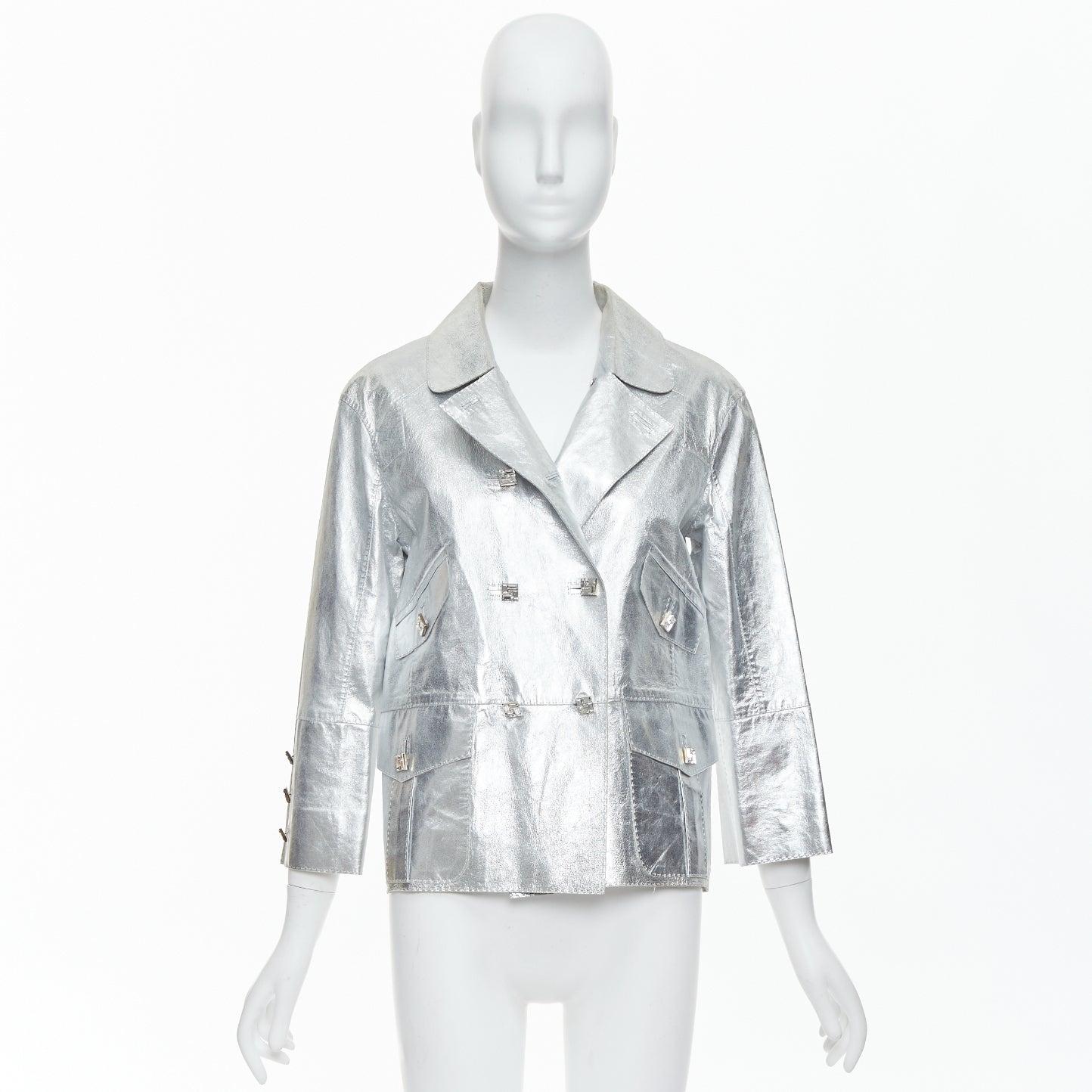 LOUIS VUITTON Marc Jacobs metallic silver leather crystal button jacket FR36 S For Sale 5