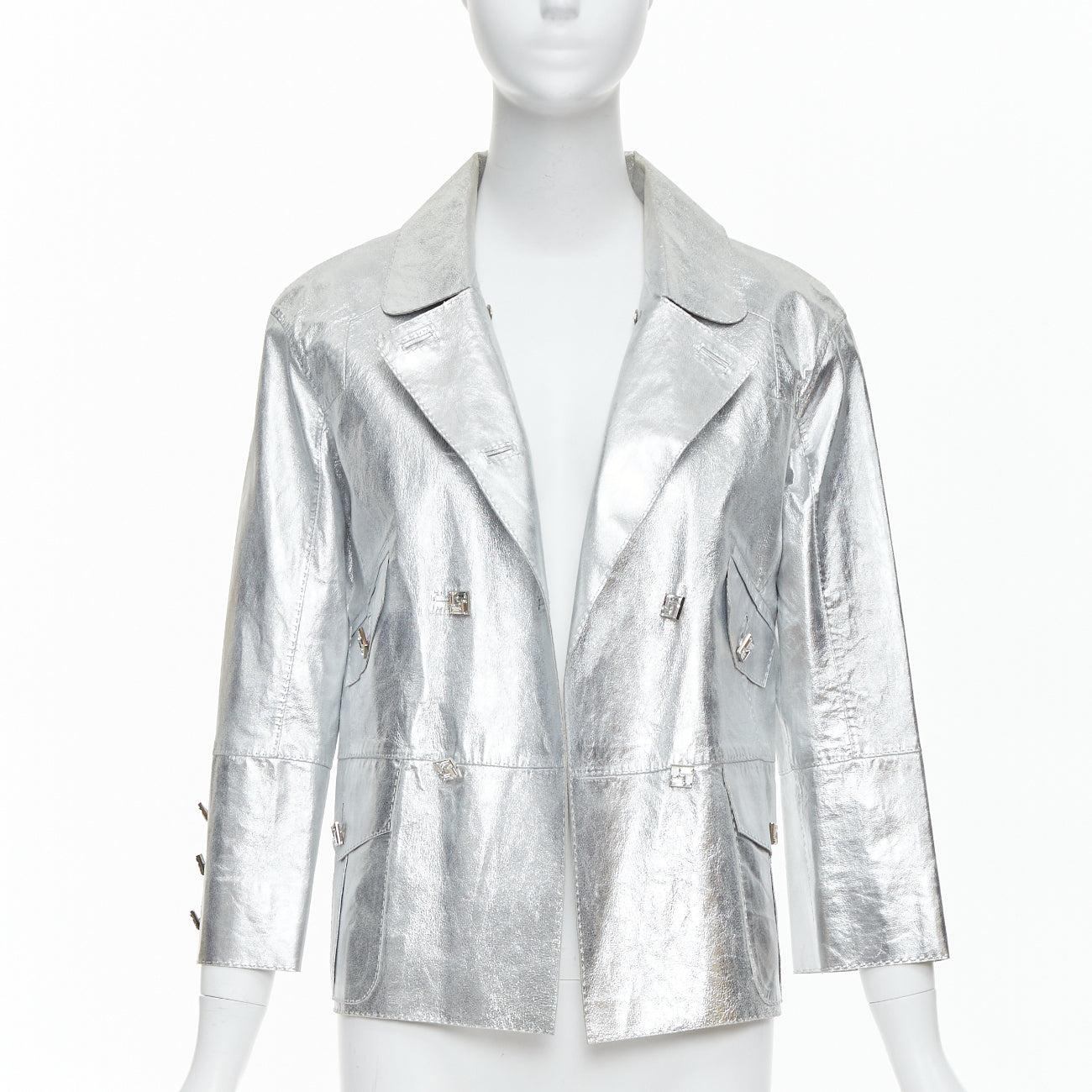 Silver LOUIS VUITTON Marc Jacobs metallic silver leather crystal button jacket FR36 S For Sale