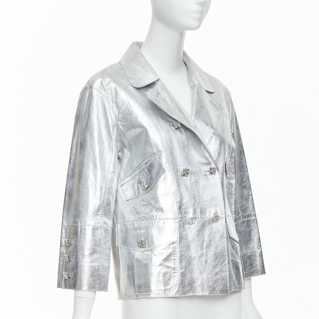 LOUIS VUITTON Marc Jacobs metallic silver leather crystal button jacket FR36 S In Good Condition For Sale In Hong Kong, NT