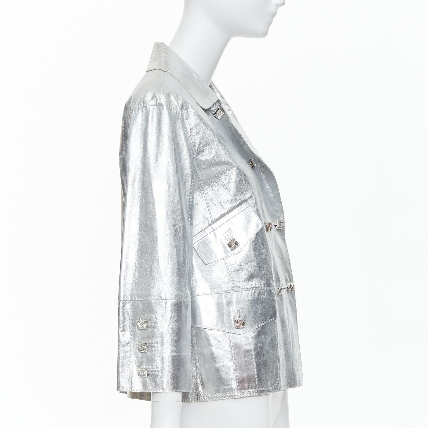 Women's LOUIS VUITTON Marc Jacobs metallic silver leather crystal button jacket FR36 S For Sale