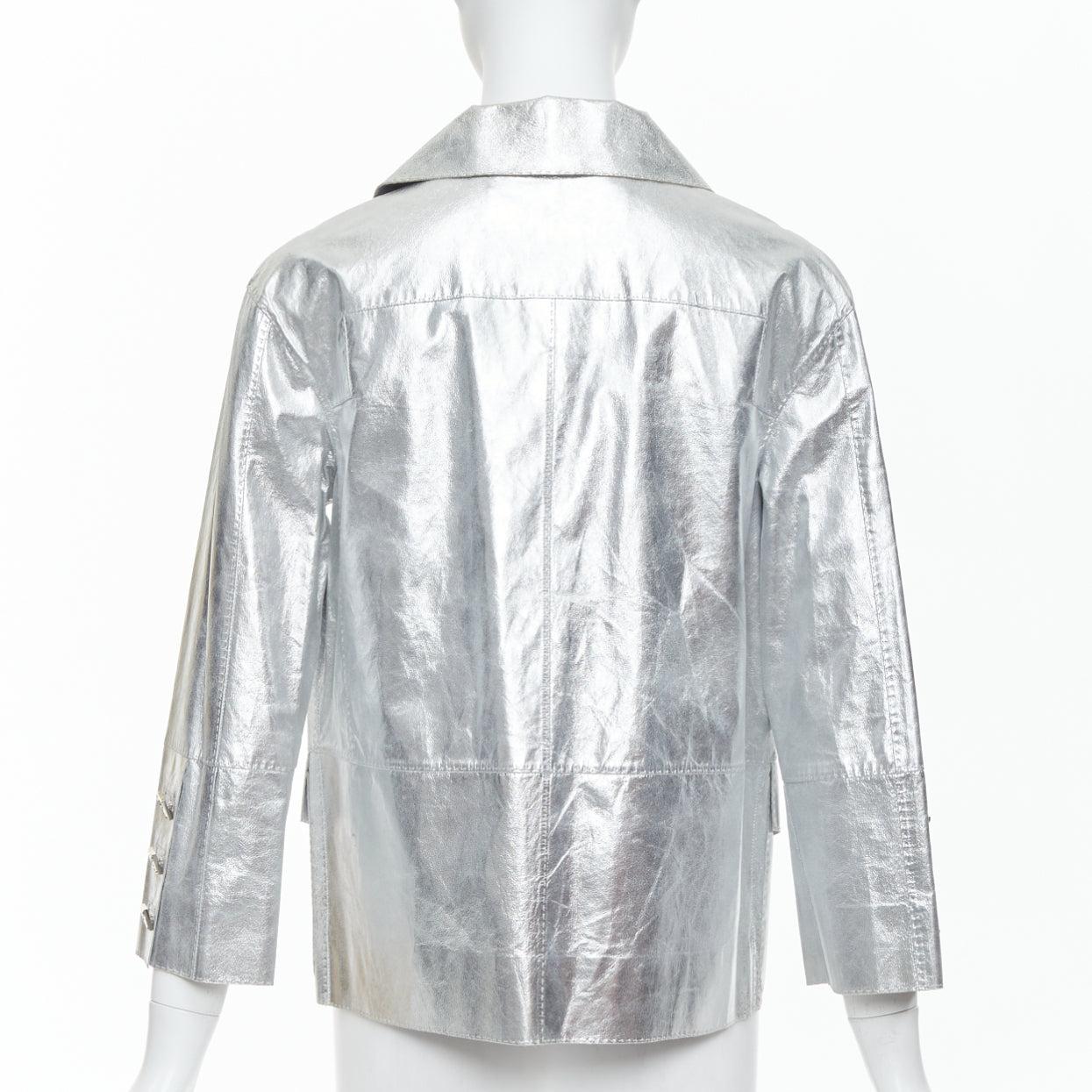 LOUIS VUITTON Marc Jacobs metallic silver leather crystal button jacket FR36 S For Sale 1