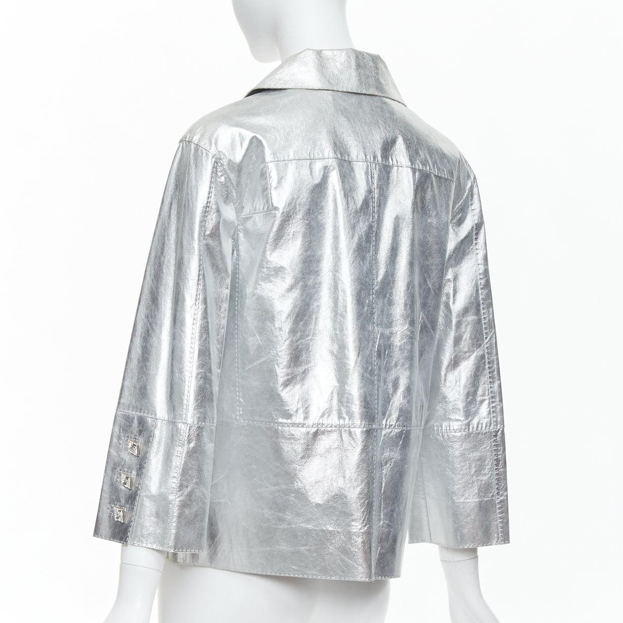 LOUIS VUITTON Marc Jacobs metallic silver leather crystal button jacket FR36 S For Sale 2
