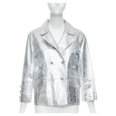 LOUIS VUITTON Marc Jacobs Metallic Silber Leder Kristall Knopfleiste Jacke FR36 S
