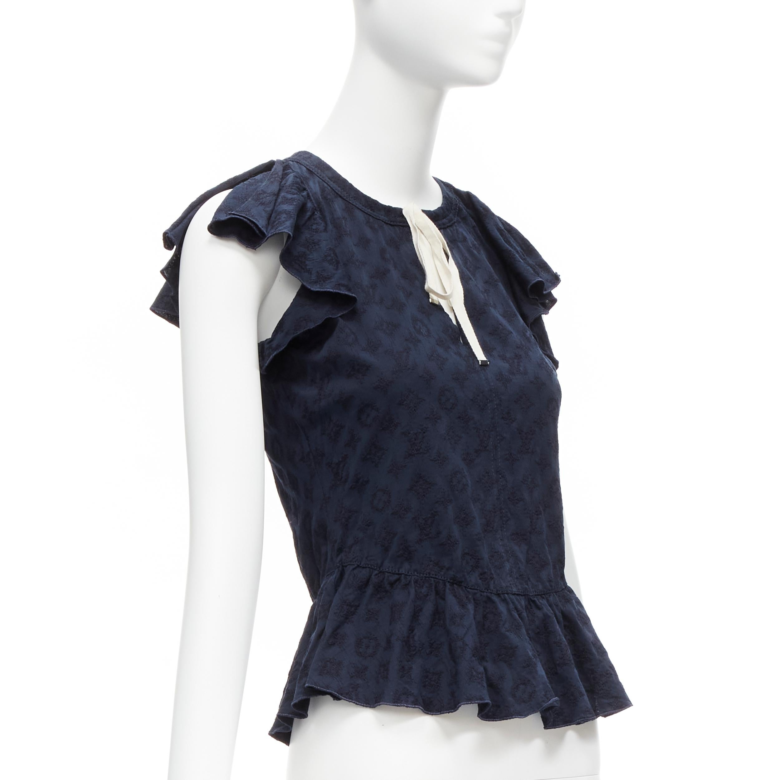 LOUIS VUITTON Marc Jacobs navy LV monogram ruffle sleeves peplum top S In Excellent Condition In Hong Kong, NT