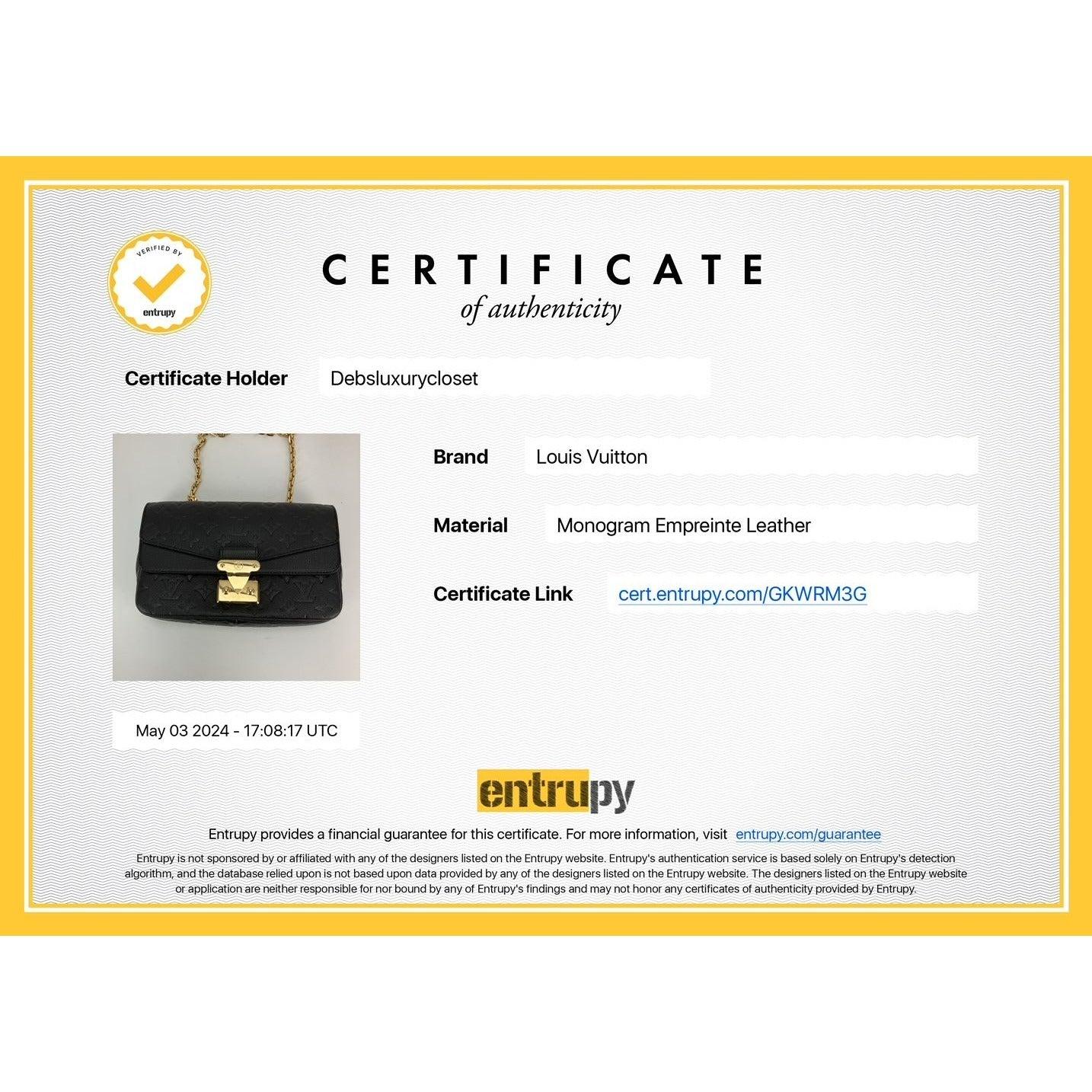 Pre-Owned  100% Authentic
Louis Vuitton Marceau NM Black Empriente Leather Shoulder Bag
RATING: A/B...excellent, near mint, has little to no signs of wear
MATERIAL: empriente leather
STRAP: movable leather and gold chain 
DROP: single 21''  double