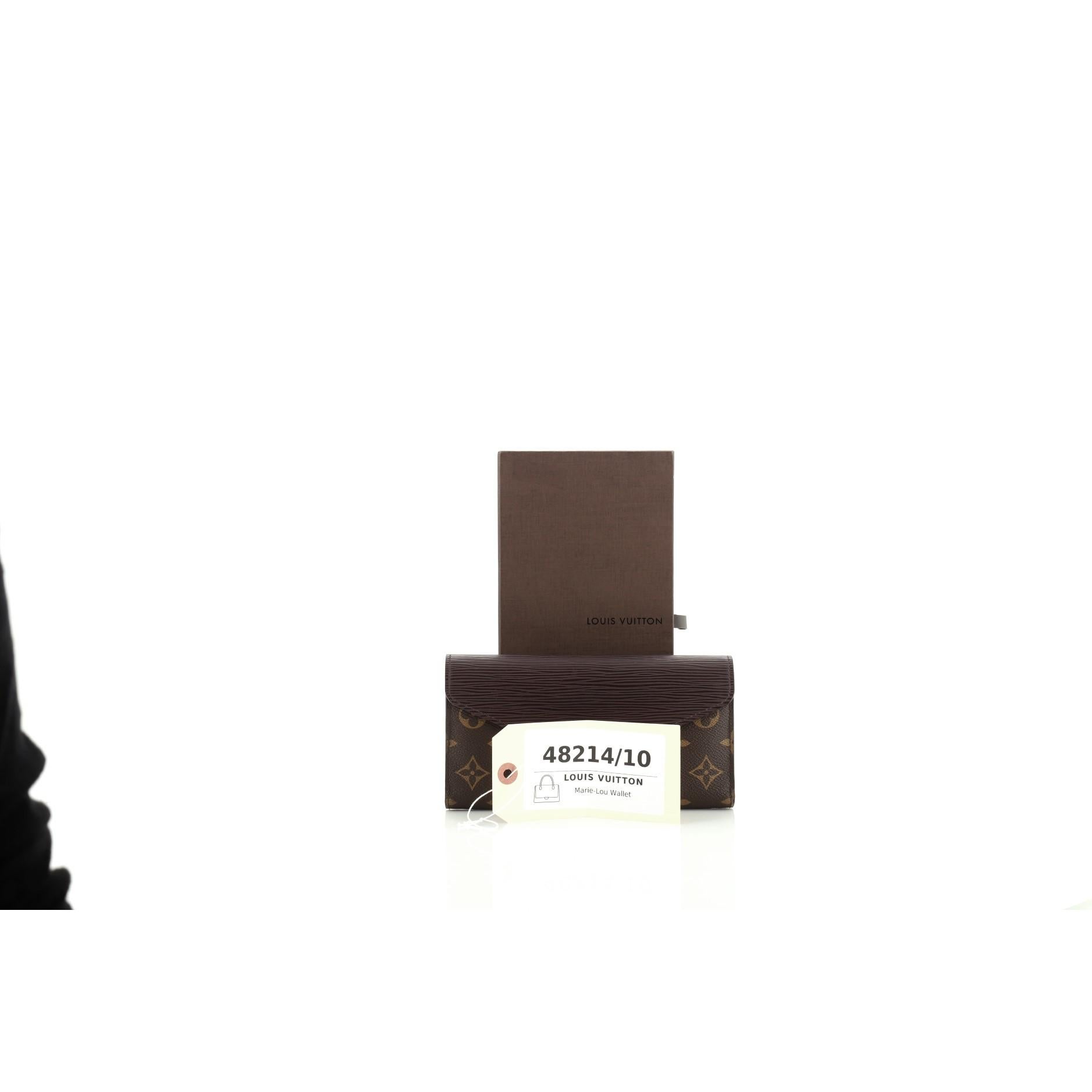 This Louis Vuitton Marie-Lou Wallet Monogram Canvas and Epi Leather Long, crafted from brown monogram coated canvas and purple epi leather, features silver-tone hardware. Its snap button closure opens to a brown monogram coated canvas and purple