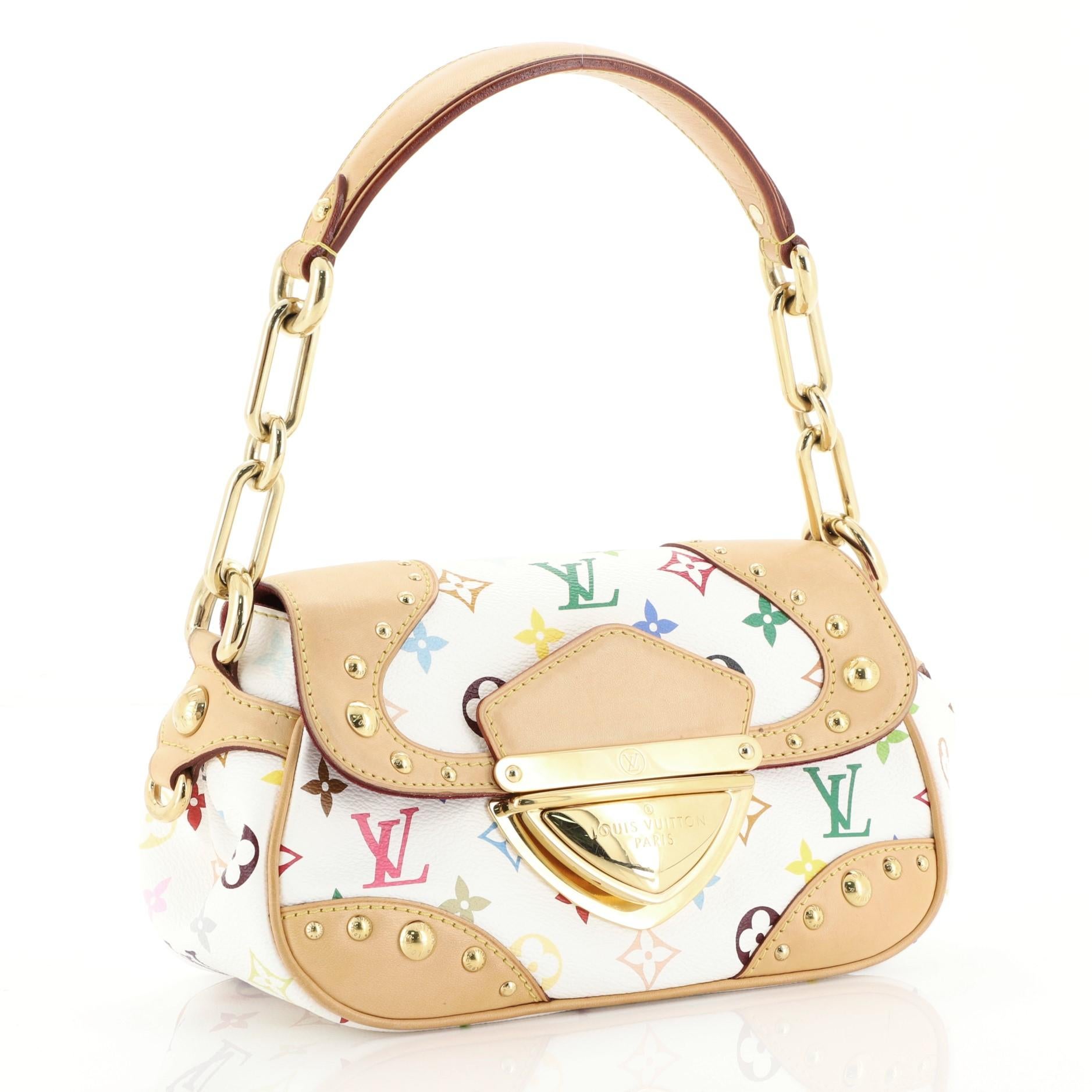 This Louis Vuitton Marilyn Handbag Monogram Multicolor, crafted from white monogram multicolor coated canvas, features vachetta leather handle and trim, multiple studs, exterior back pocket, and gold-tone hardware. Its slide push-lock closure opens