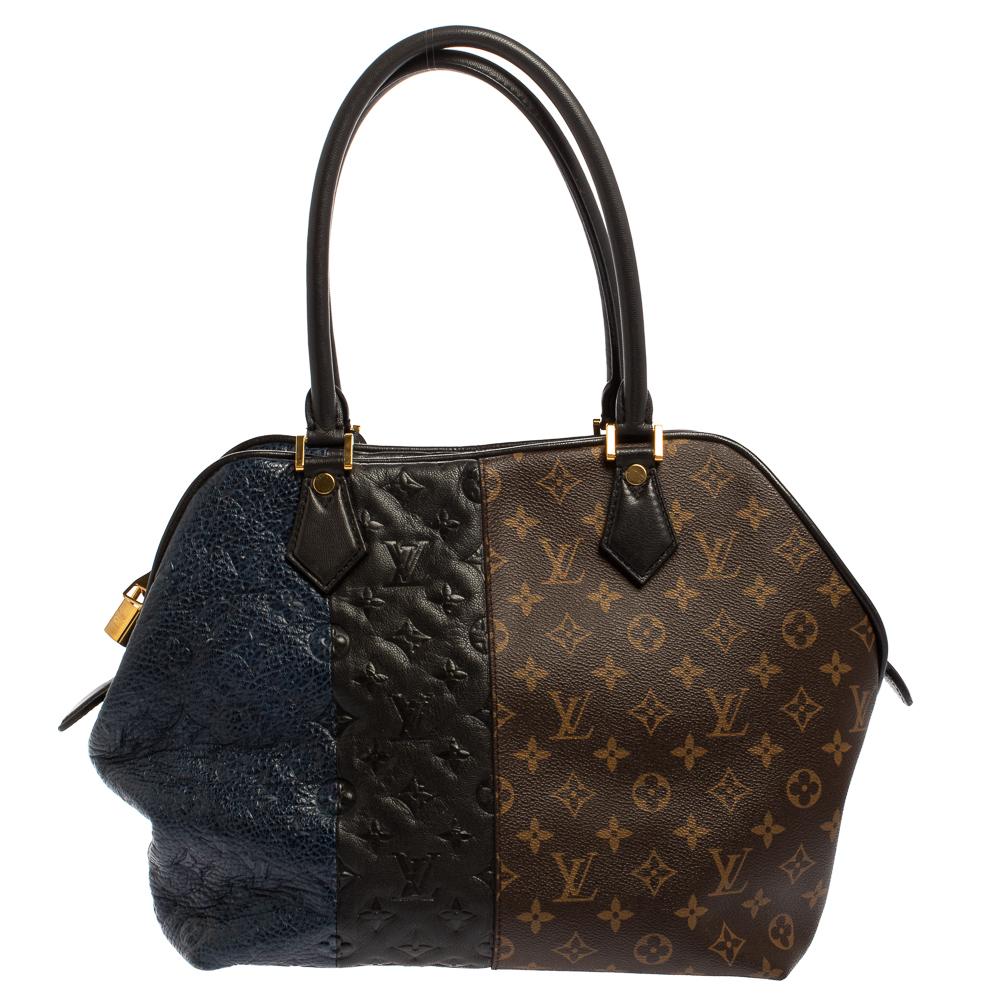 This limited edition bag by Louis Vuitton is from the 2011 Pre-Fall collection. This Blocks Zipped handbag combines monogram coated canvas with monogram-embossed leather in black and navy blue. It is complemented with gold-tone hardware and lined