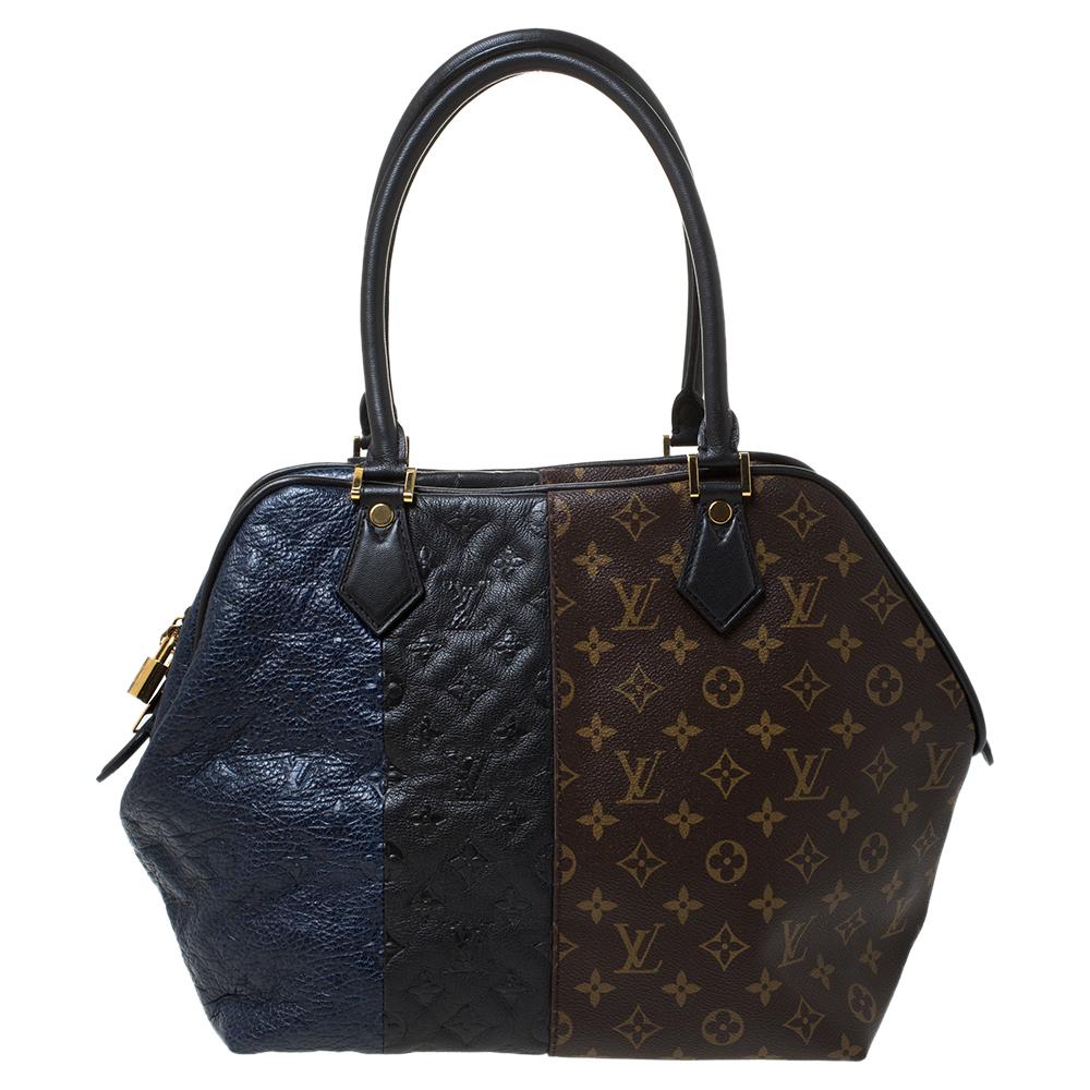 This three-tone limited edition bag by Louis Vuitton is from the 2011 pre Fall collection. This Blocks Zipped handbag combines monogram brown canvas with monogrammed black and navy blue leather. It is accented with gold-tone hardware and lined with