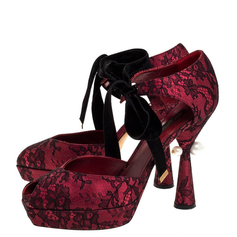 Louis Vuitton Maroon Satin And Black Lace Pearl Embellished Heel Pumps ...