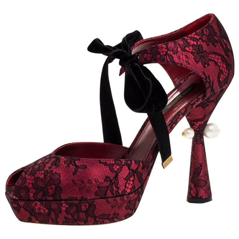 Louis Vuitton Maroon Satin And Black Lace Pearl Embellished Heel Pumps Size  39.5 at 1stDibs