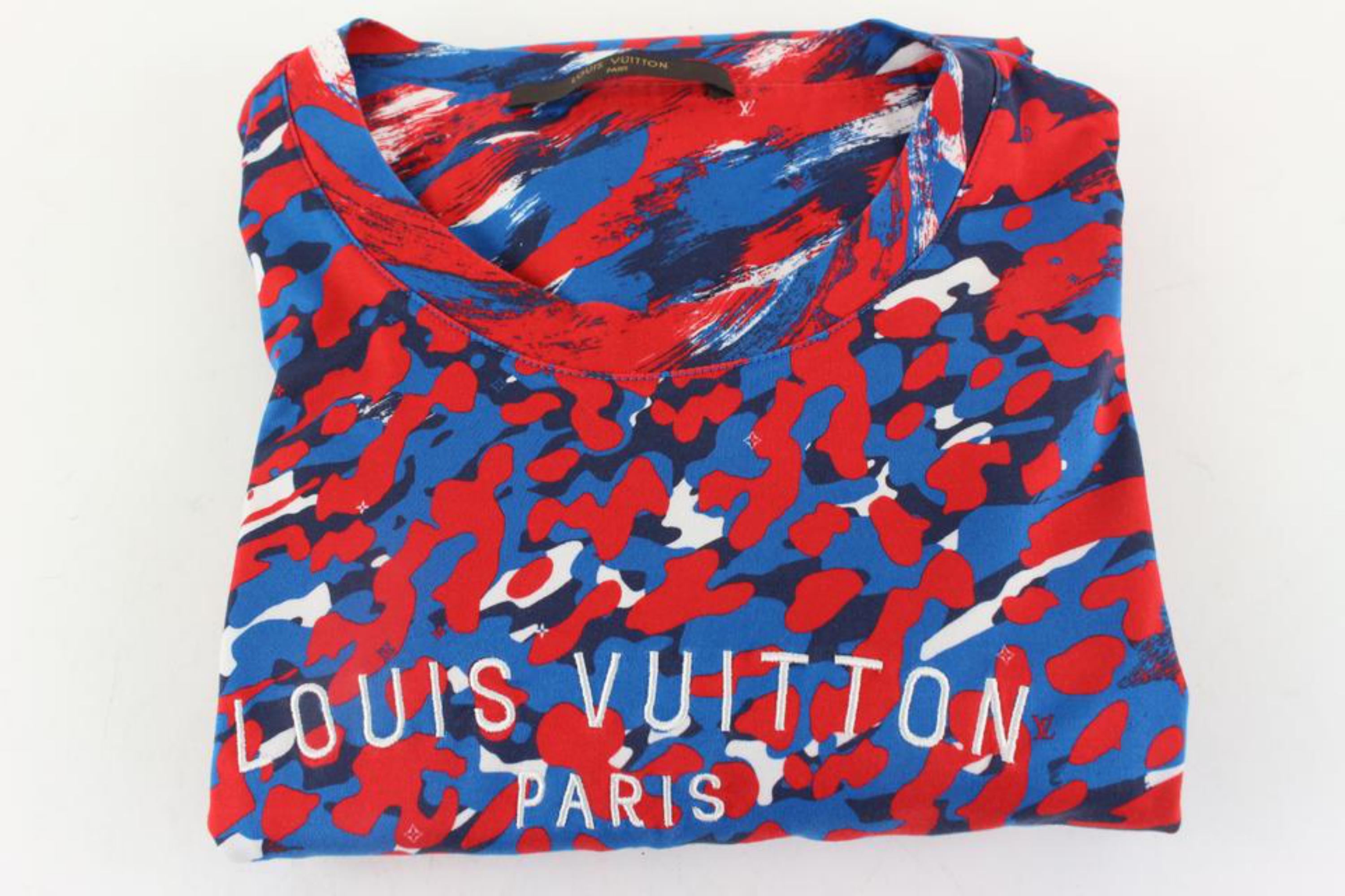 Louis Vuitton Men's 3XL 4L Red x Blue Camo Volez Voguez Voyagez T-Shirt Tee 1116 In Excellent Condition In Dix hills, NY