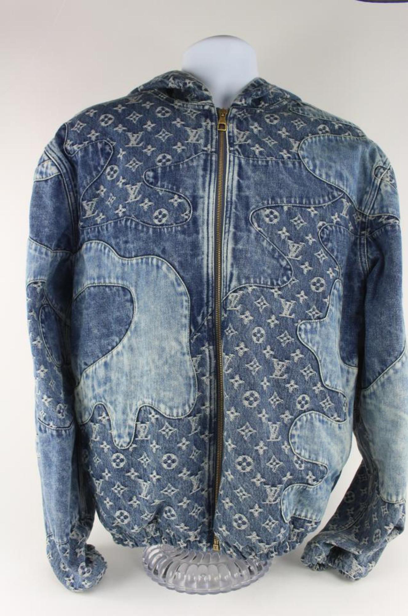Gray Louis Vuitton Mens 52 Monogram Patchwork Denim Hoodie Zip Jacket 3L02 For Sale