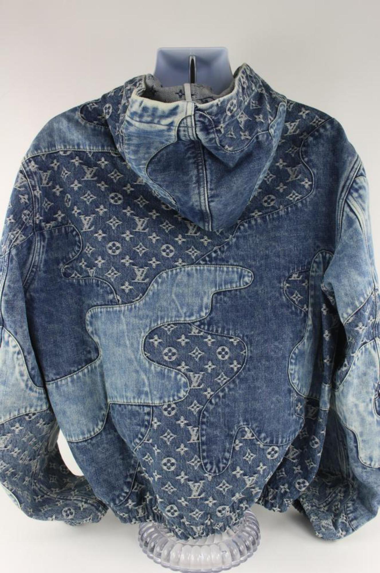 Louis Vuitton Mens 52 Monogram Patchwork Denim Hoodie Zip Jacket 3L02 In New Condition For Sale In Dix hills, NY