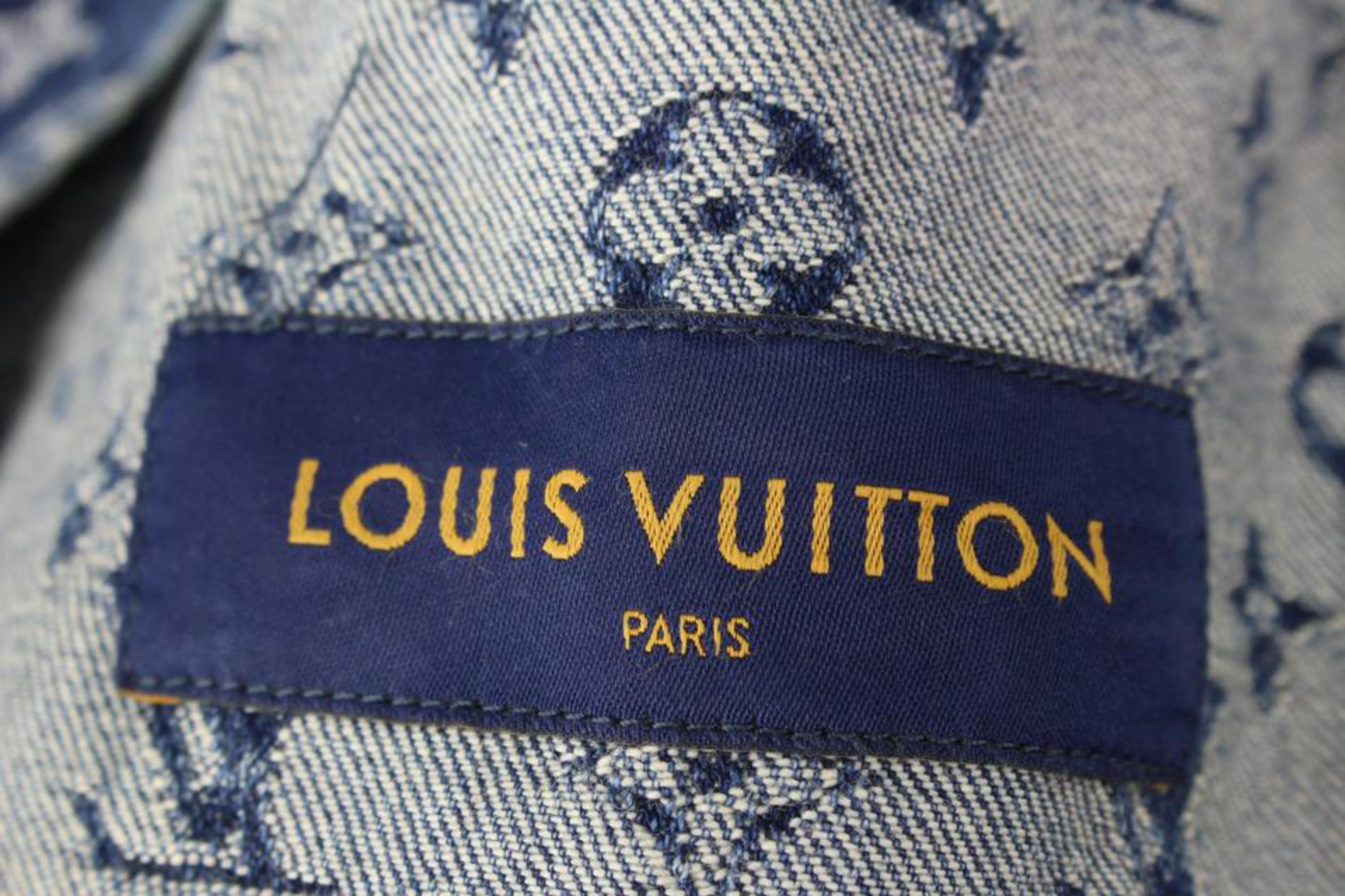 Men's Louis Vuitton Mens 52 Monogram Patchwork Denim Hoodie Zip Jacket 3L02 For Sale