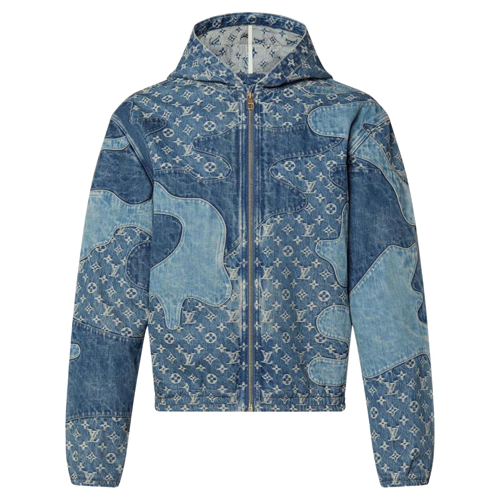 Louis Vuitton Mens 52 Monogram Patchwork Denim Hoodie Zip Jacket 3l02