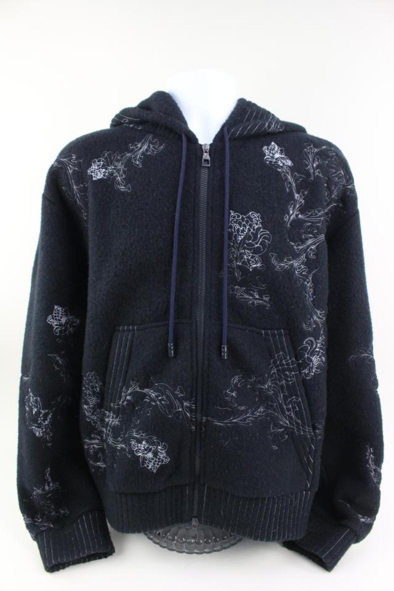 Black Louis Vuitton Men's L Blue Embroidered Flower Zip Through Hoodie Sweatshirt 9lv2