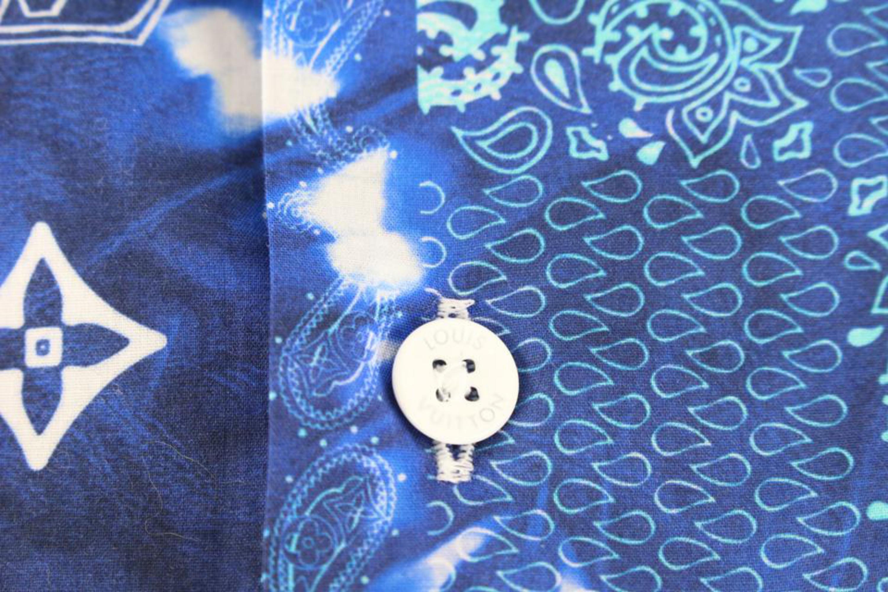 Louis Vuitton Men's XL Monogram Bandana Blue Button Down Short Sleeve Shirt 86lk 8
