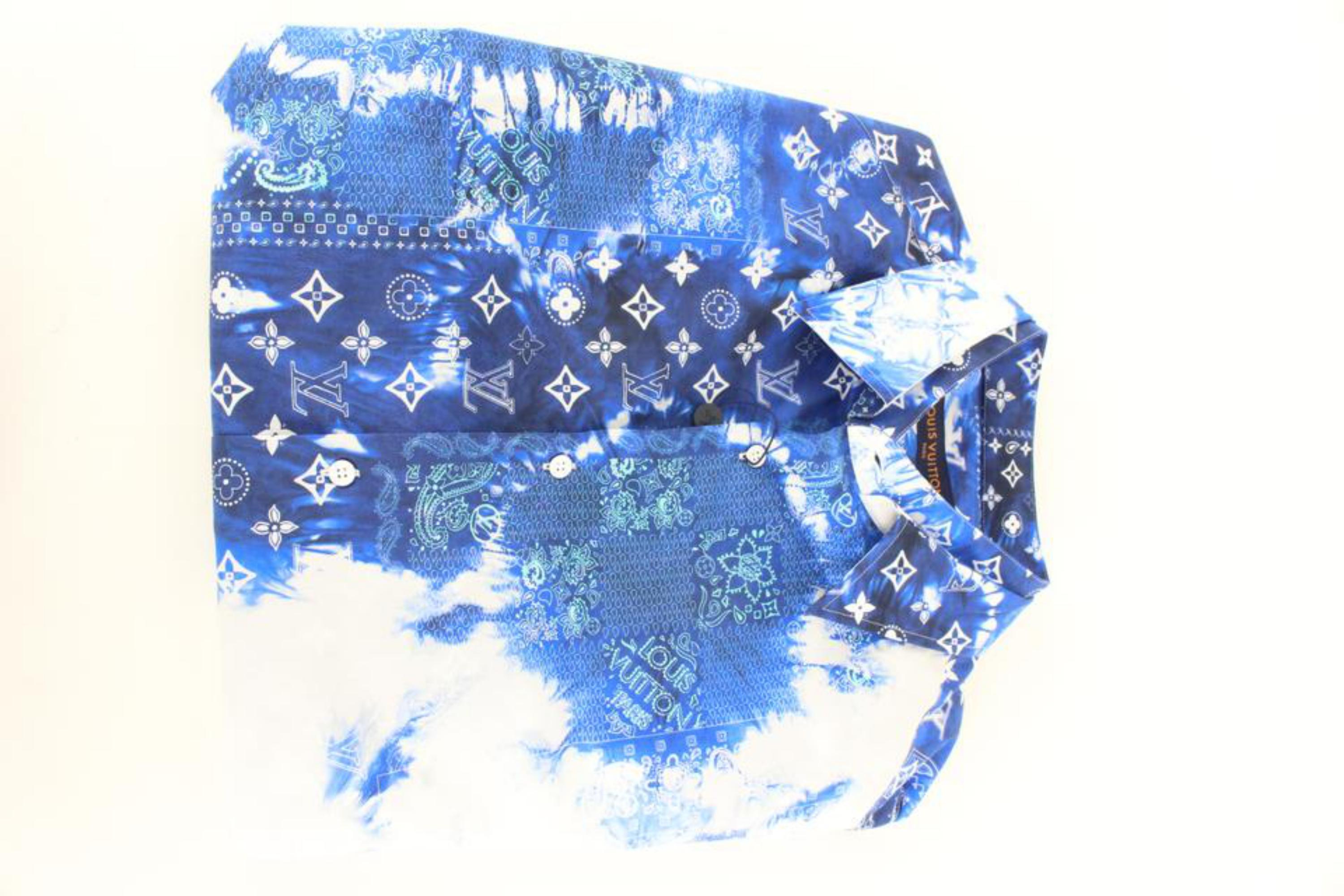 Louis Vuitton Men's XL Monogram Bandana Blue Button Down Short Sleeve Shirt 86lk 9