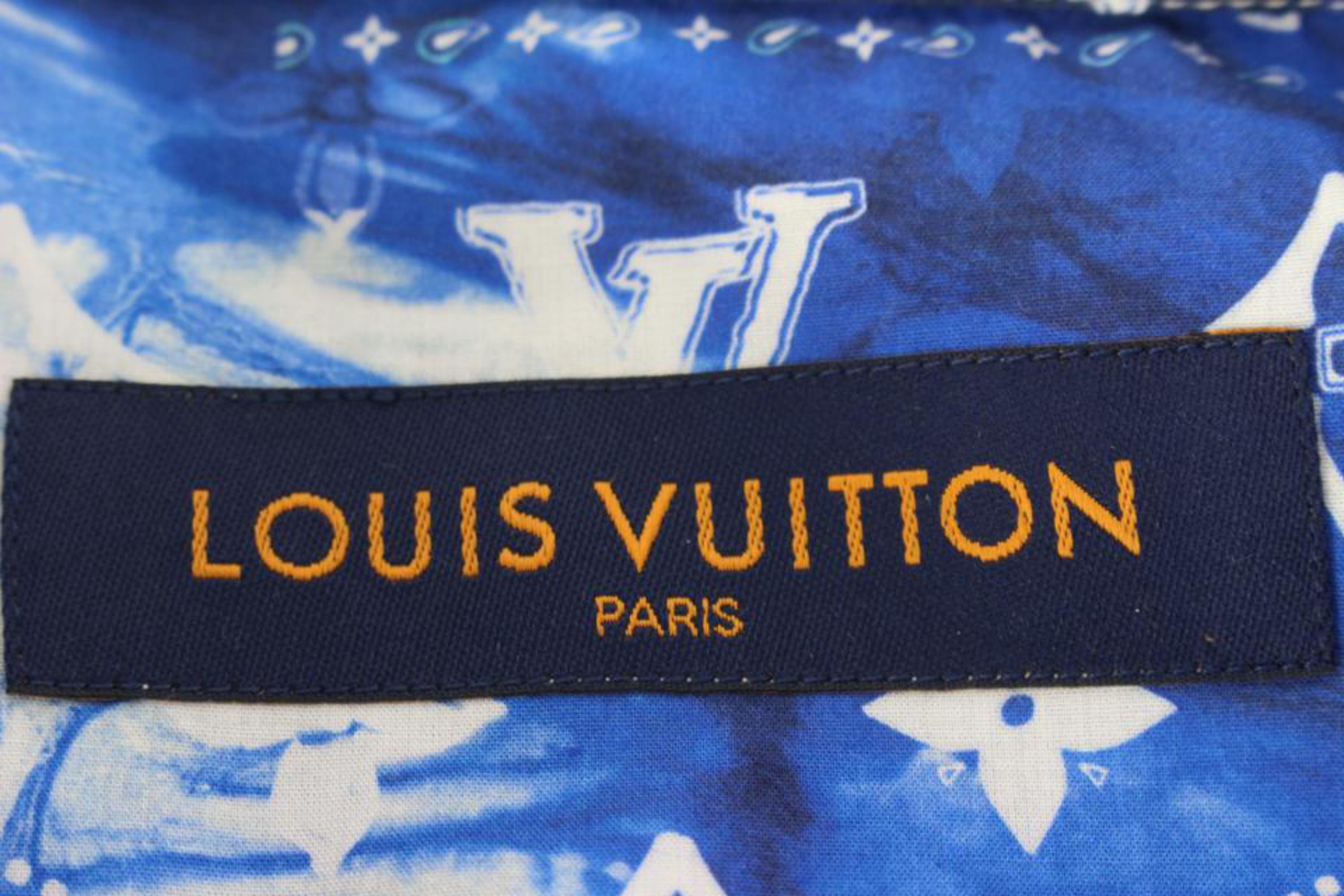 Louis Vuitton Men's XL Monogram Bandana Blue Button Down Short Sleeve Shirt 86lk Neuf à Dix hills, NY