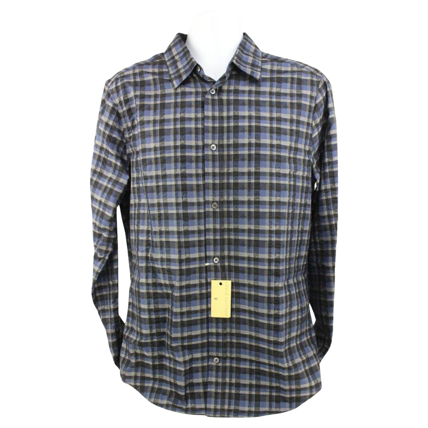 Louis Vuitton Men's XXL Blue Black LV Monogram DNA Long Sleeve Button Shirt  8lv2