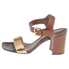 Louis Vuitton Metallic Gold/Brown Leather Block Heel Ankle Strap Sandals Size 38
