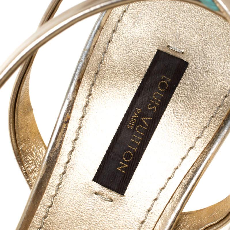 Louis Vuitton Metallic Gold Leather Classic Strappy Sandals Size 37 In Fair Condition For Sale In Dubai, Al Qouz 2