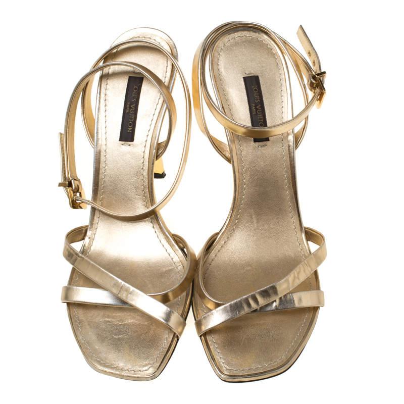 Louis Vuitton Metallic Gold Leather Classic Strappy Sandals Size 37 For Sale 1