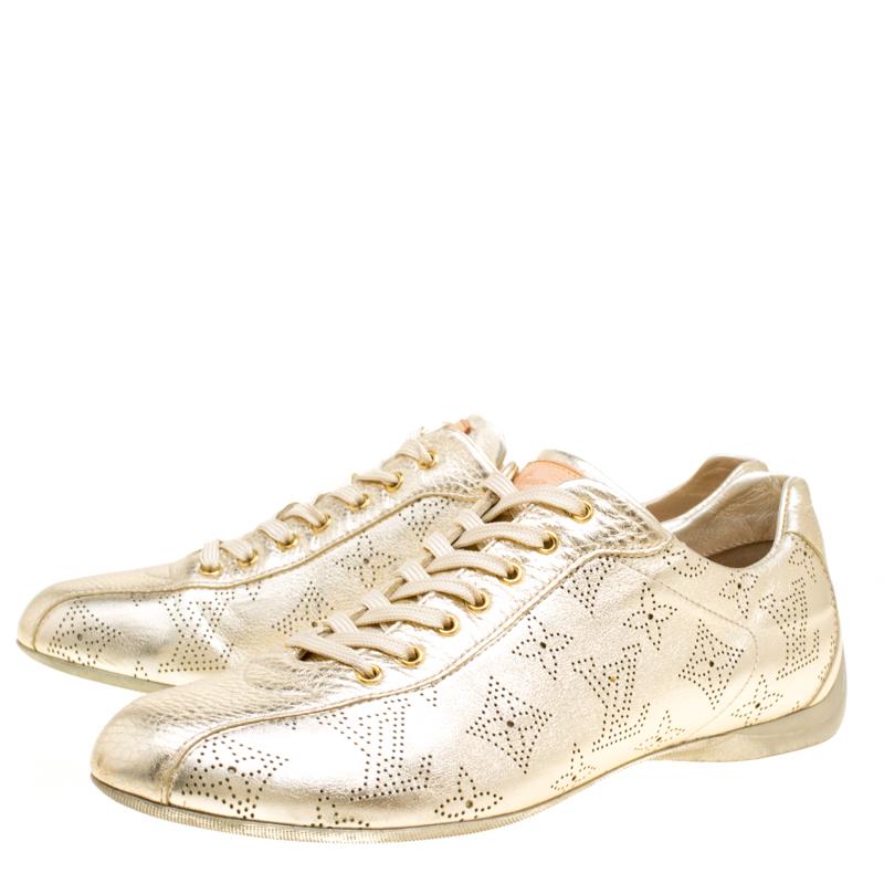 Louis Vuitton Metallic Gold Leather Perforated Leather Sneakers Size 38 3