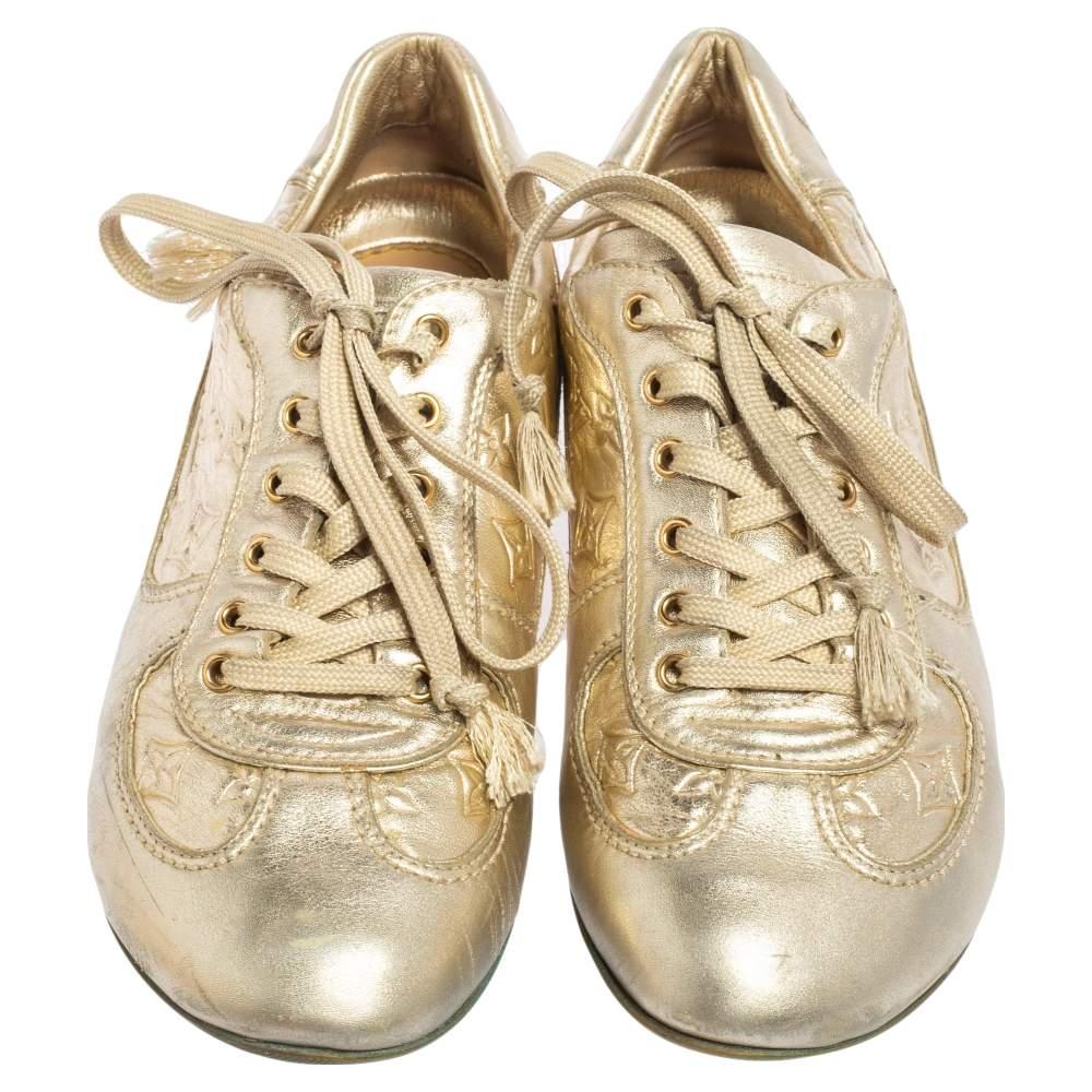 Louis Vuitton Metallic Gold Monogram Embossed Leather Trainers Sneakers Size 36 In Good Condition In Dubai, Al Qouz 2