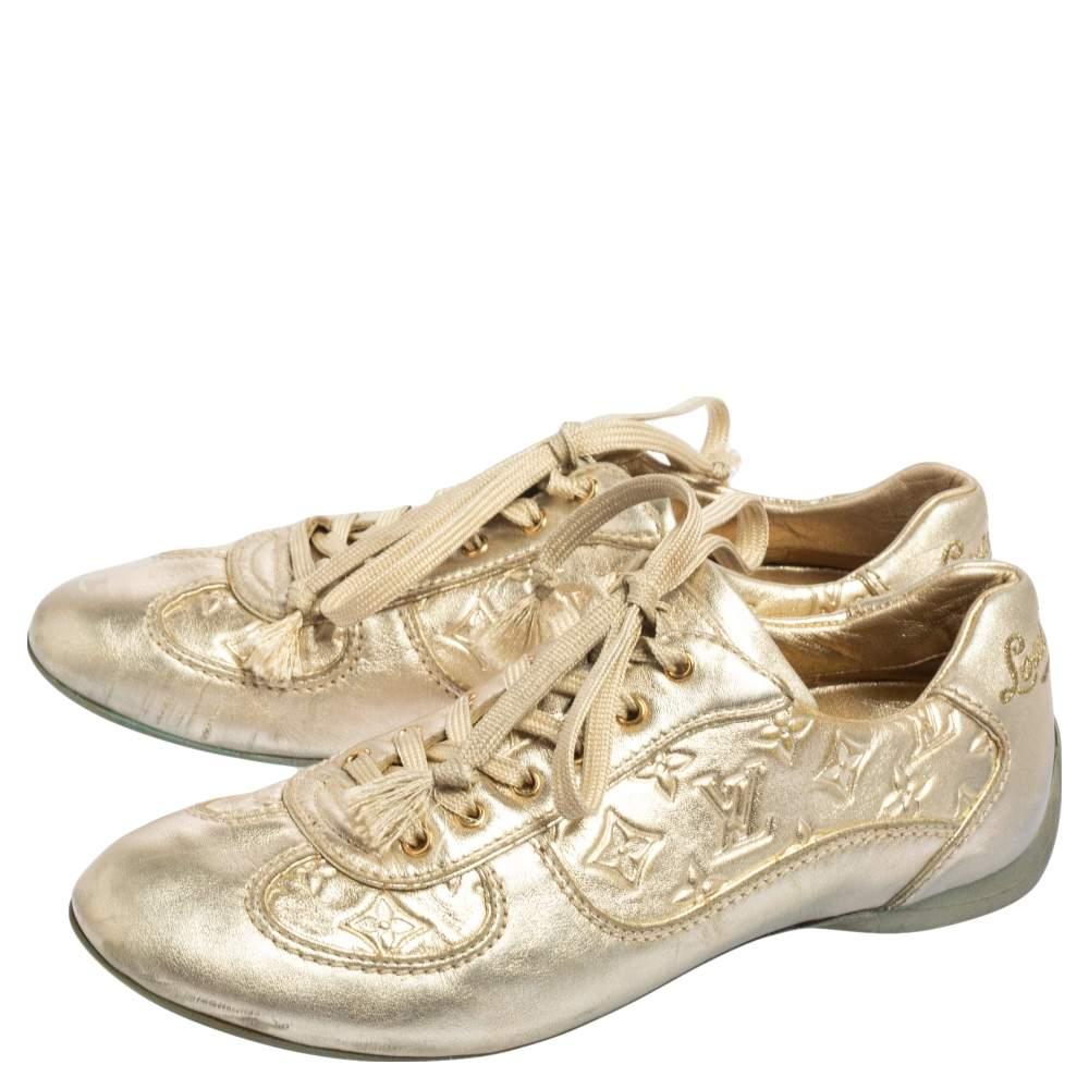 Women's Louis Vuitton Metallic Gold Monogram Embossed Leather Trainers Sneakers Size 36