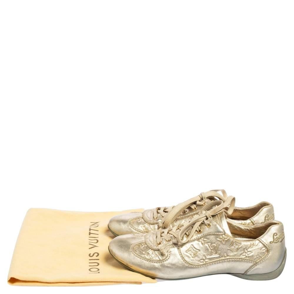 Louis Vuitton Metallic Gold Monogram Embossed Leather Trainers Sneakers Size 36 5