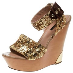 Louis Vuitton Metallic Gold Sequin Embellished Ankle Wrap Wedge Sandals Size 40