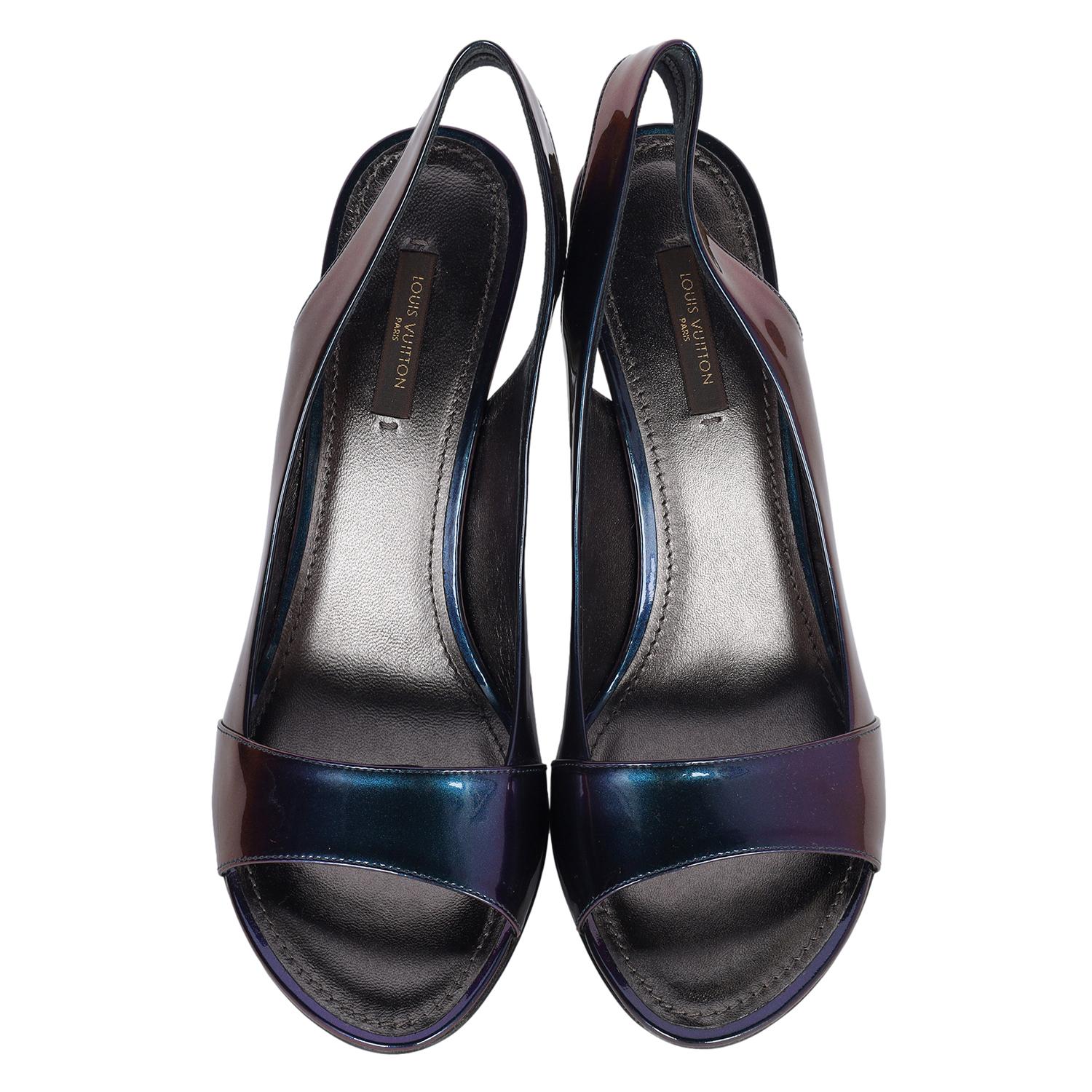 Black LOUIS VUITTON Metallic Iridescent Patent Leather Slingback Sandals Size 39 For Sale