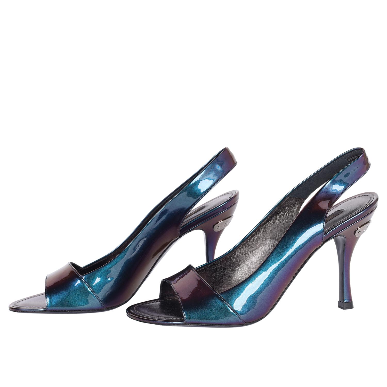 LOUIS VUITTON Metallic Iridescent Patent Leather Slingback Sandals Size 39 For Sale 1