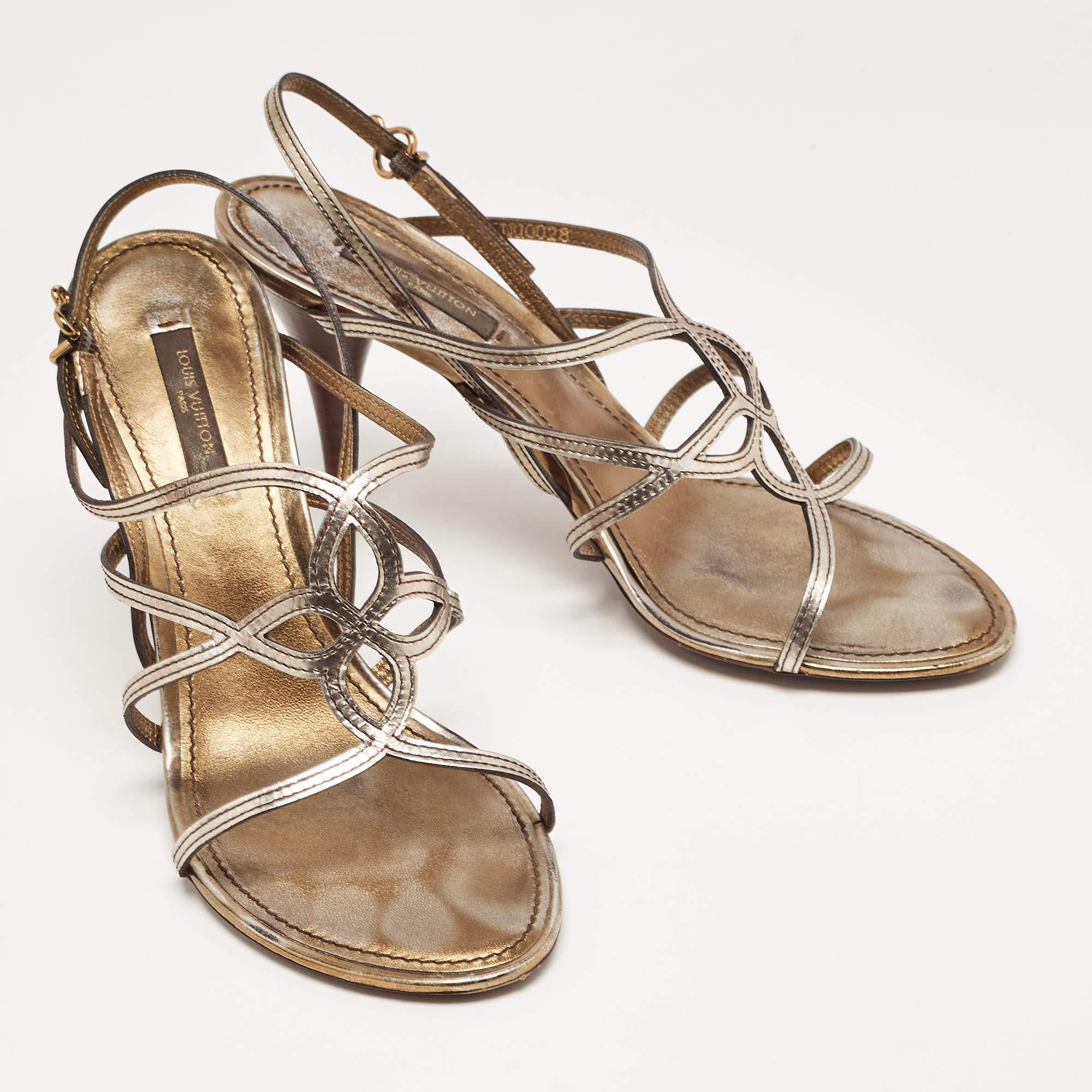 Louis Vuitton Metallic Leather Strappy Sandals Size 37.5 For Sale 3