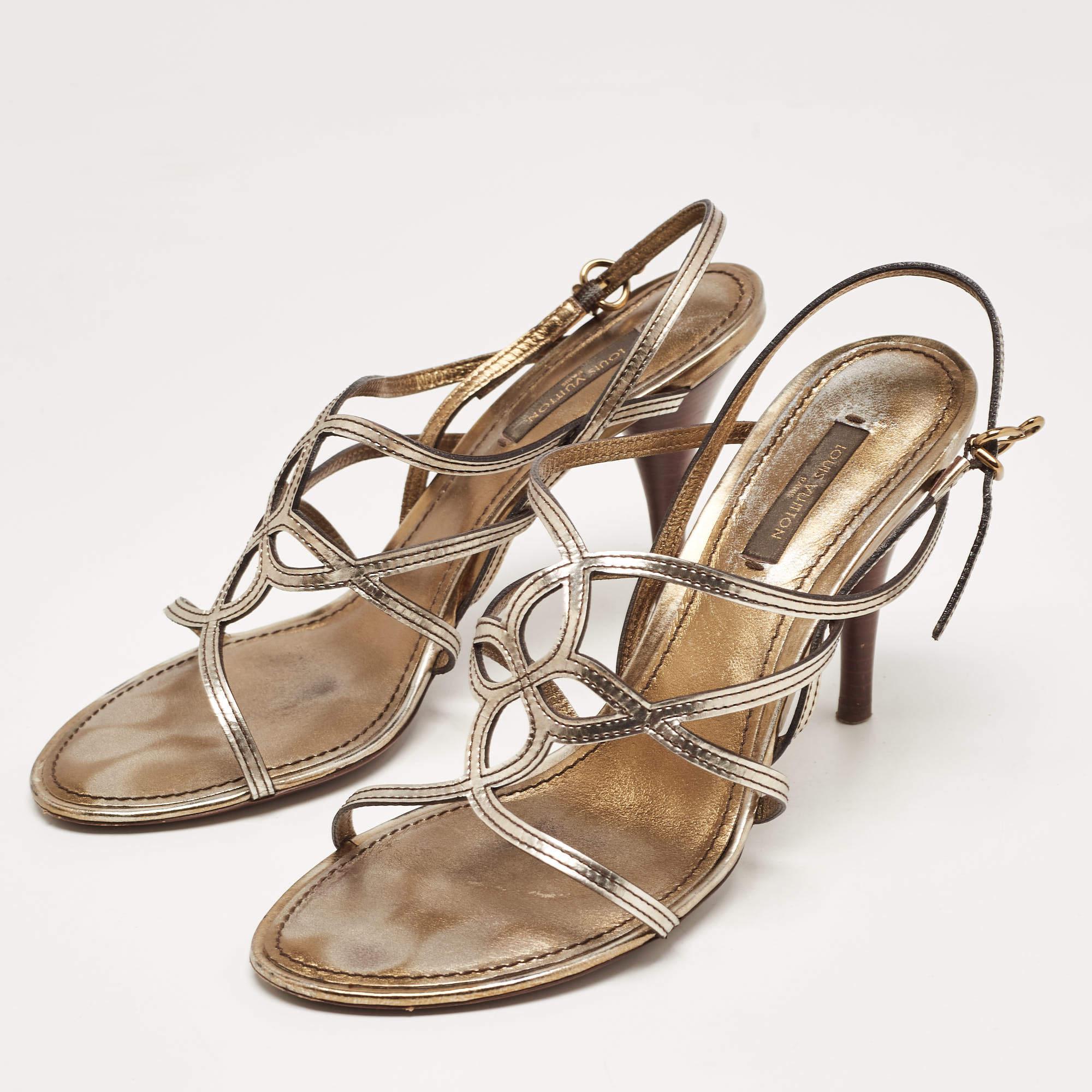 Louis Vuitton Metallic Leather Strappy Sandals Size 37.5 For Sale 4