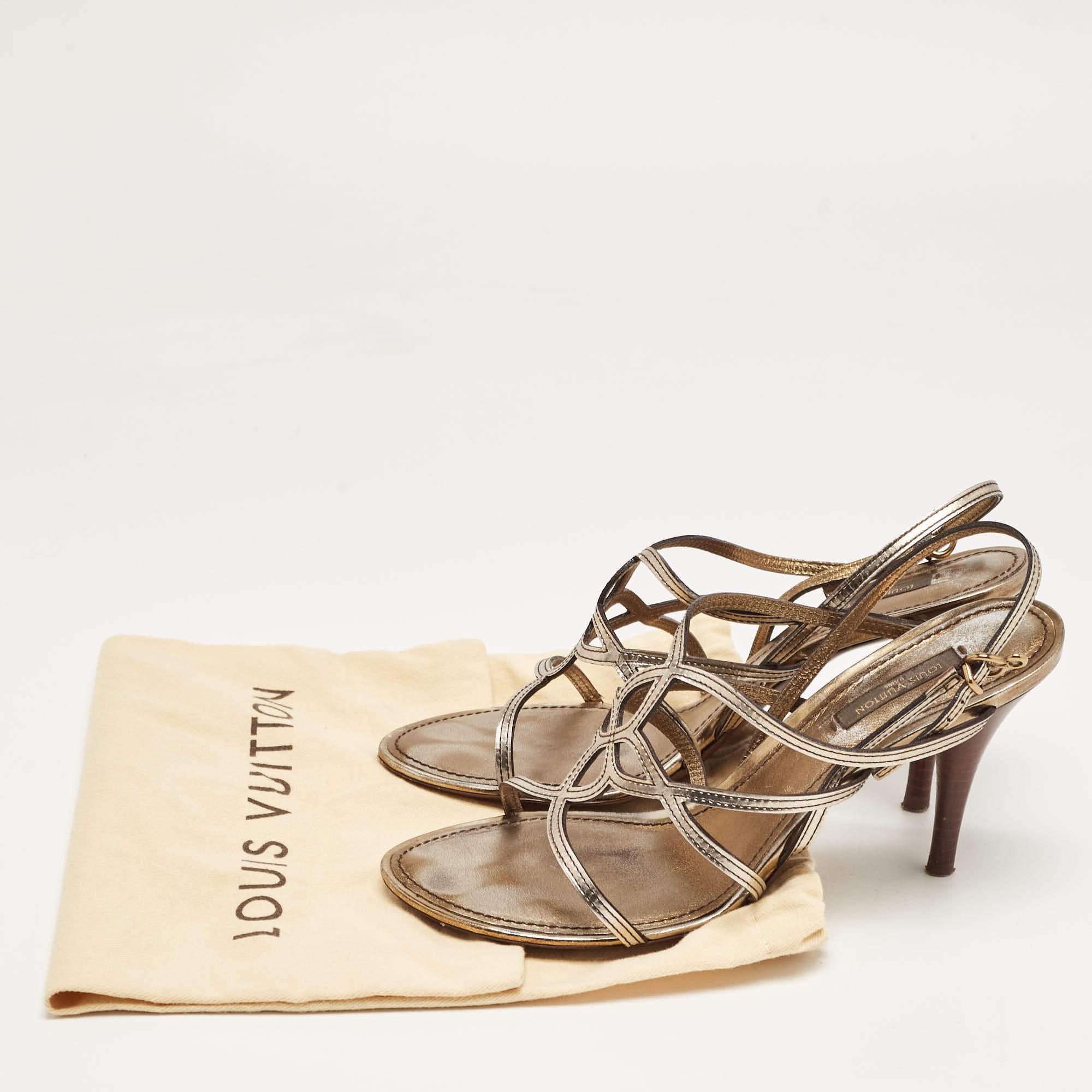 Louis Vuitton Metallic Leather Strappy Sandals Size 37.5 For Sale 5