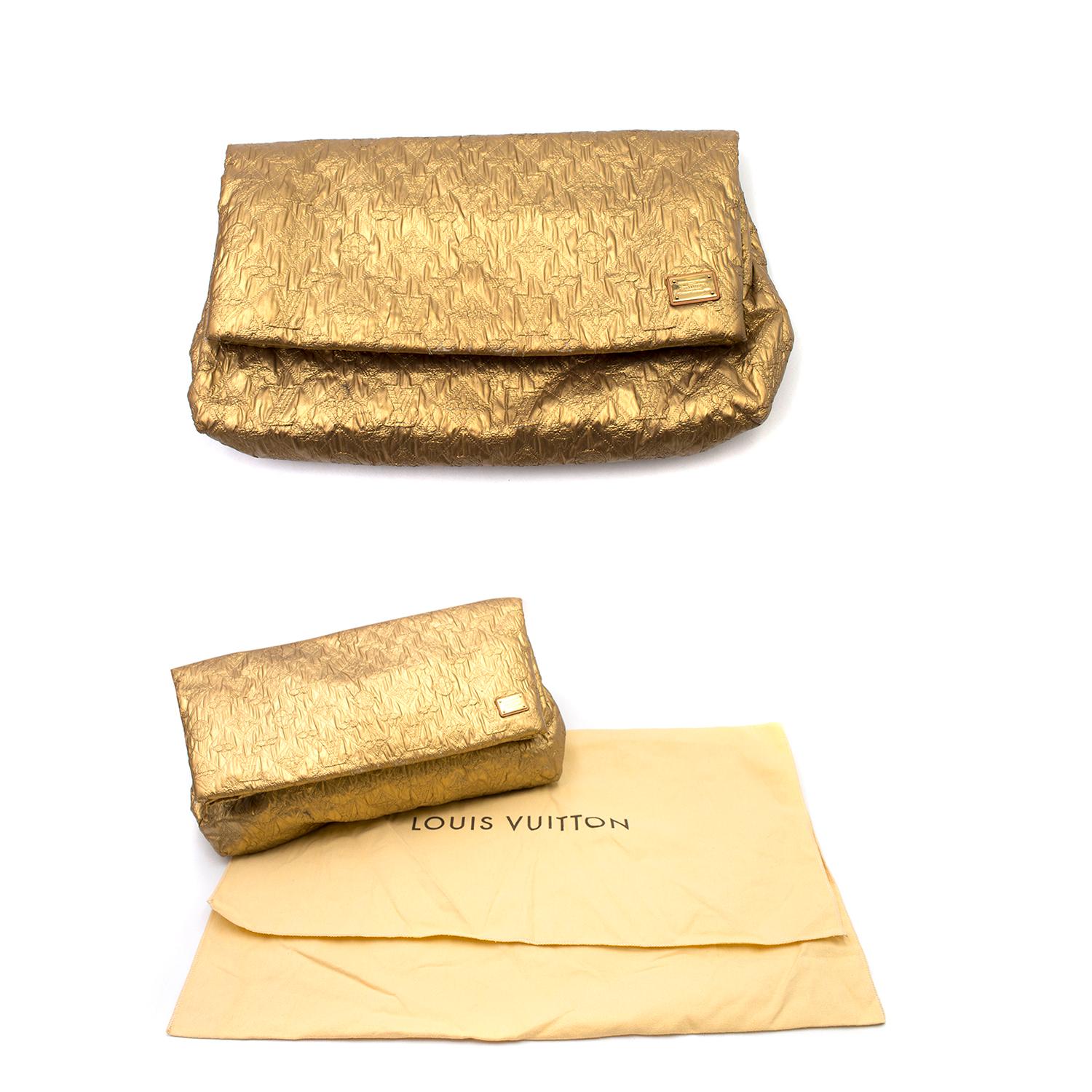 Louis Vuitton Metallic Limelight Clutch 

- Foldover clutch style
- Gold-tone metallic quilted monogram textile
- Gold-tone metal engraved plaque on the left of the front
- Magnetic popper closure
- Internal zip compartment
- Very spacious
- Comes