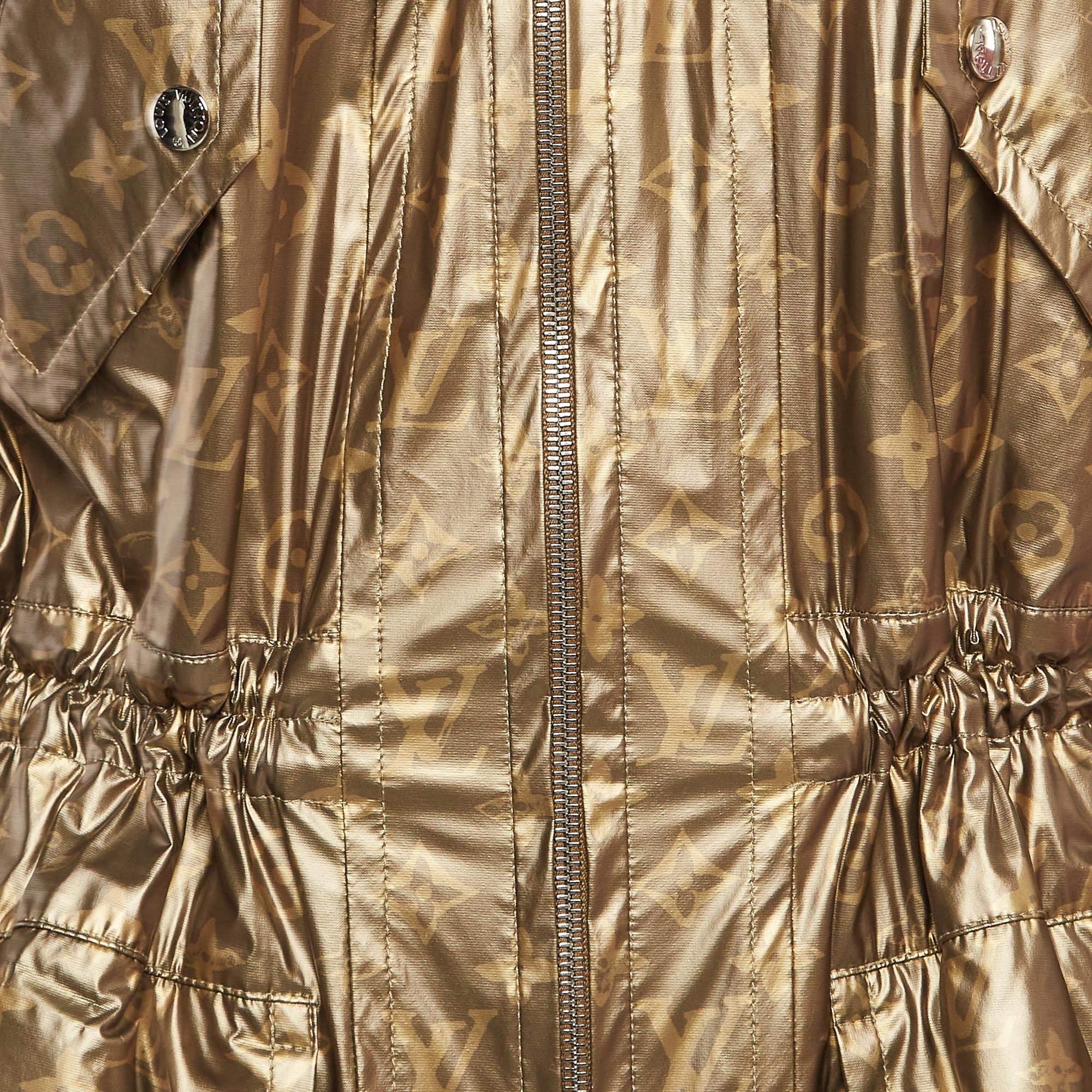 Marrone Louis Vuitton Metallic Monogram Print Modal Hooded Parka Coat S
