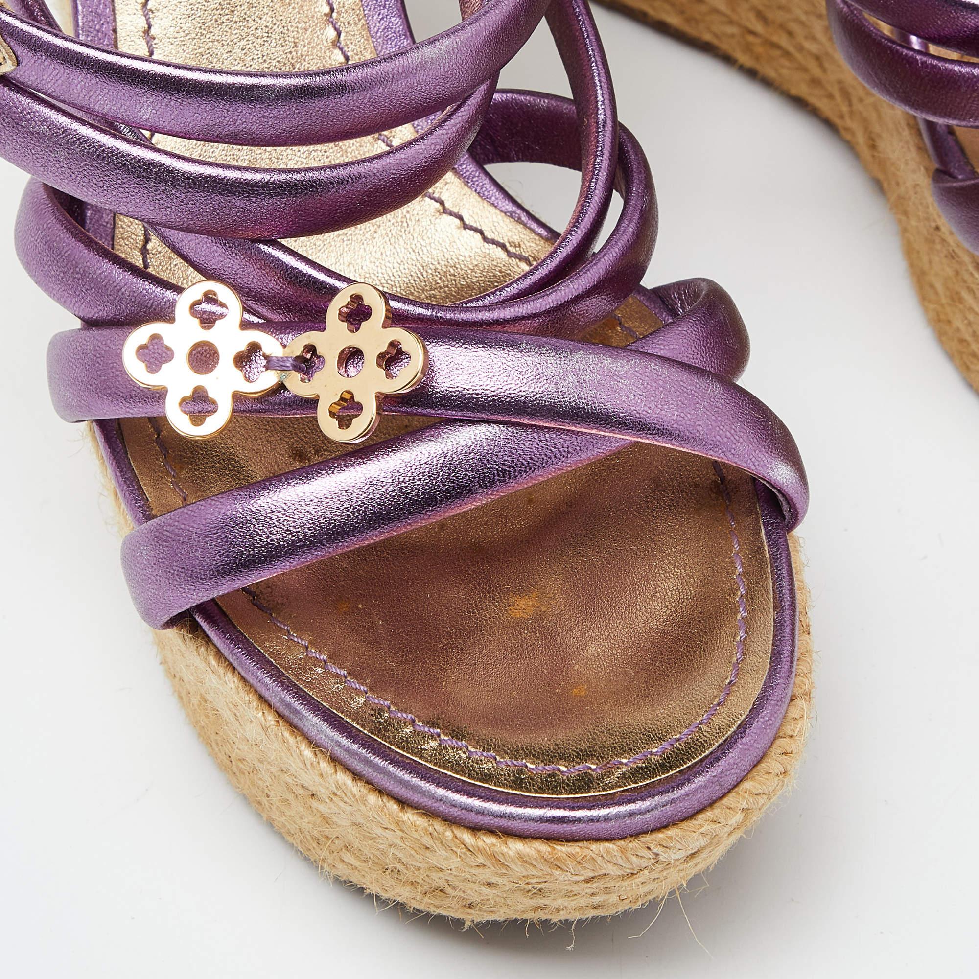 Women's Louis Vuitton Metallic Purple Leather Espadrille Wedge Platform Ankle Strap Sand For Sale