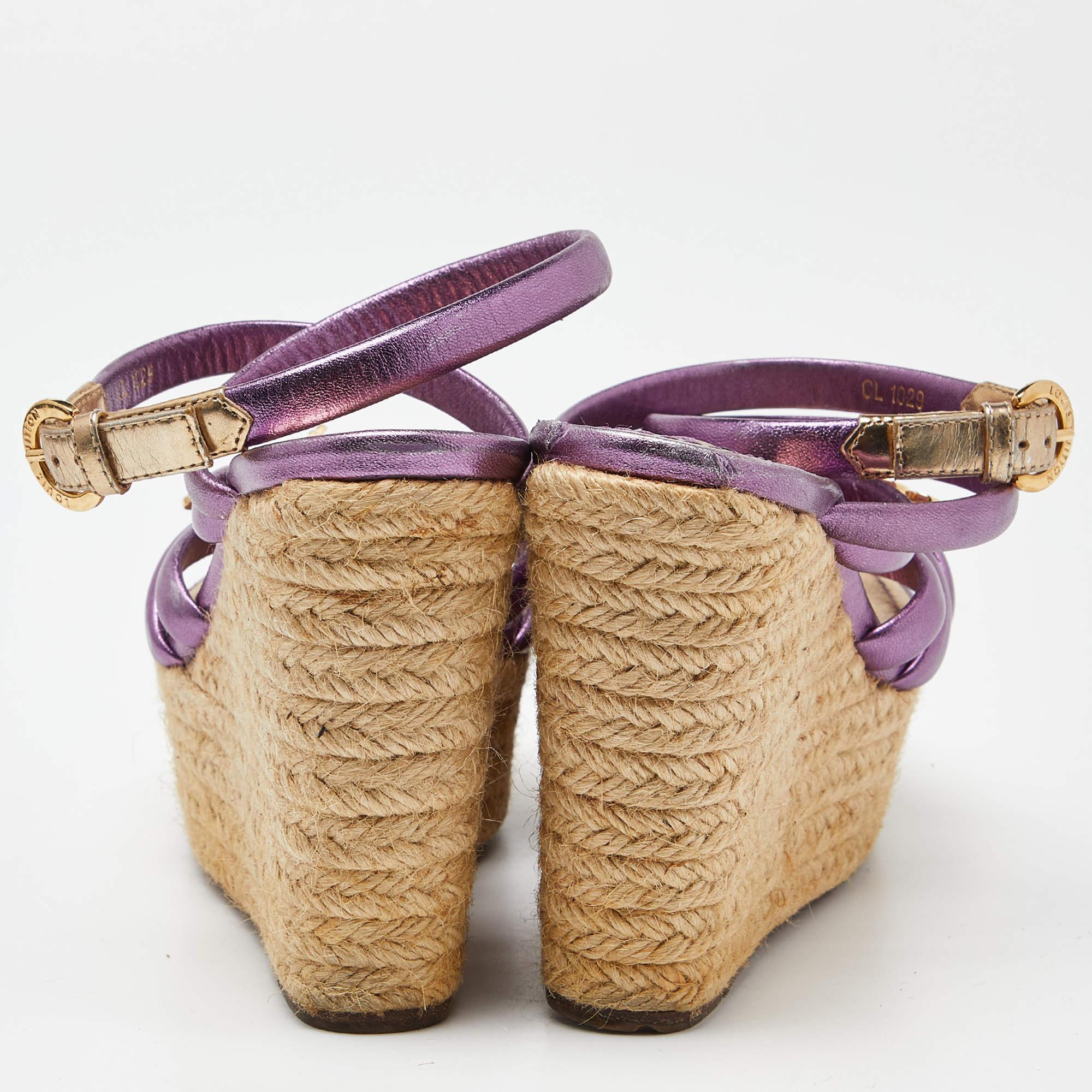 Louis Vuitton Metallic Purple Leather Espadrille Wedge Platform Ankle Strap Sand For Sale 2
