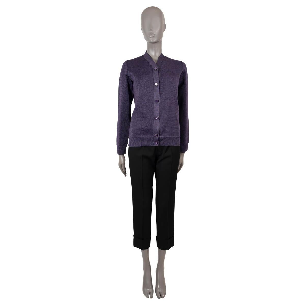 100% authentic Louis Vuitton button V-neck cardigan in metallic purple polyester (60%) andmerino wool (40%). Features rib knit cuffs and hem and decorated buttons on the front. Unlined. Has been worn and is in excellent condition.

Measurements
Tag